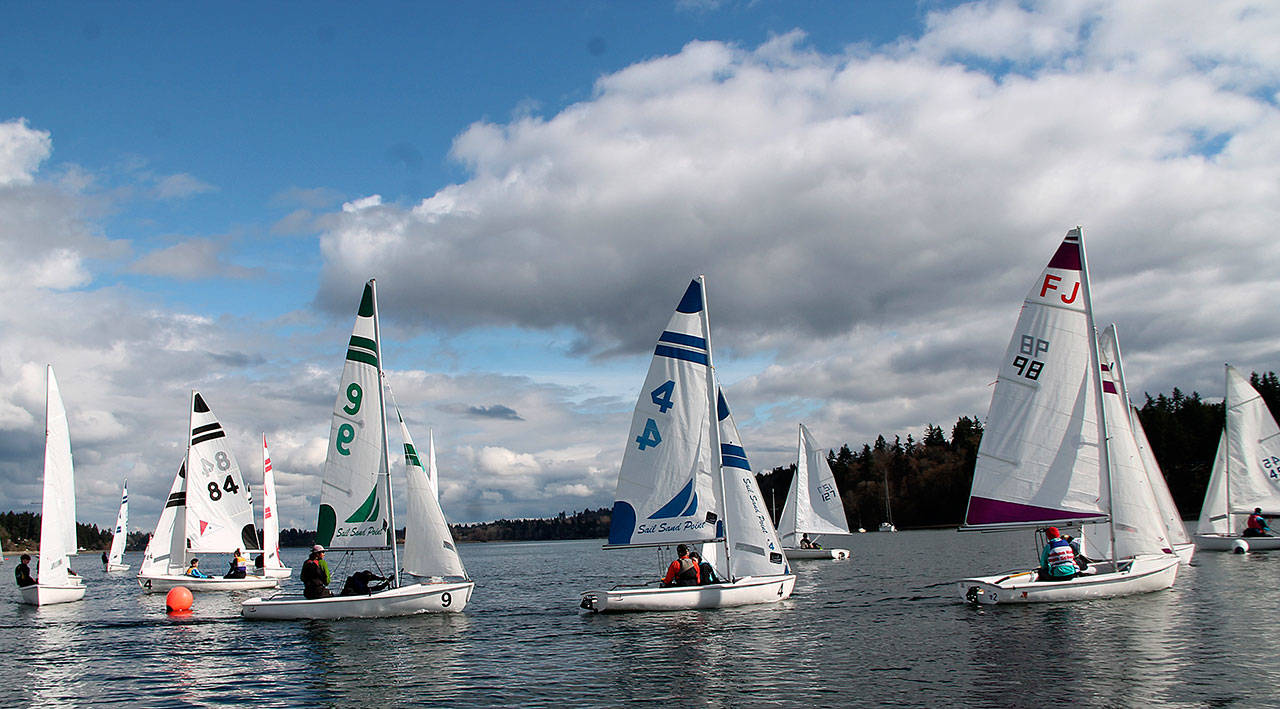Youth sailors compete in a race off Dockton Park Sunday. (Susan Riemer/Staff Photo)