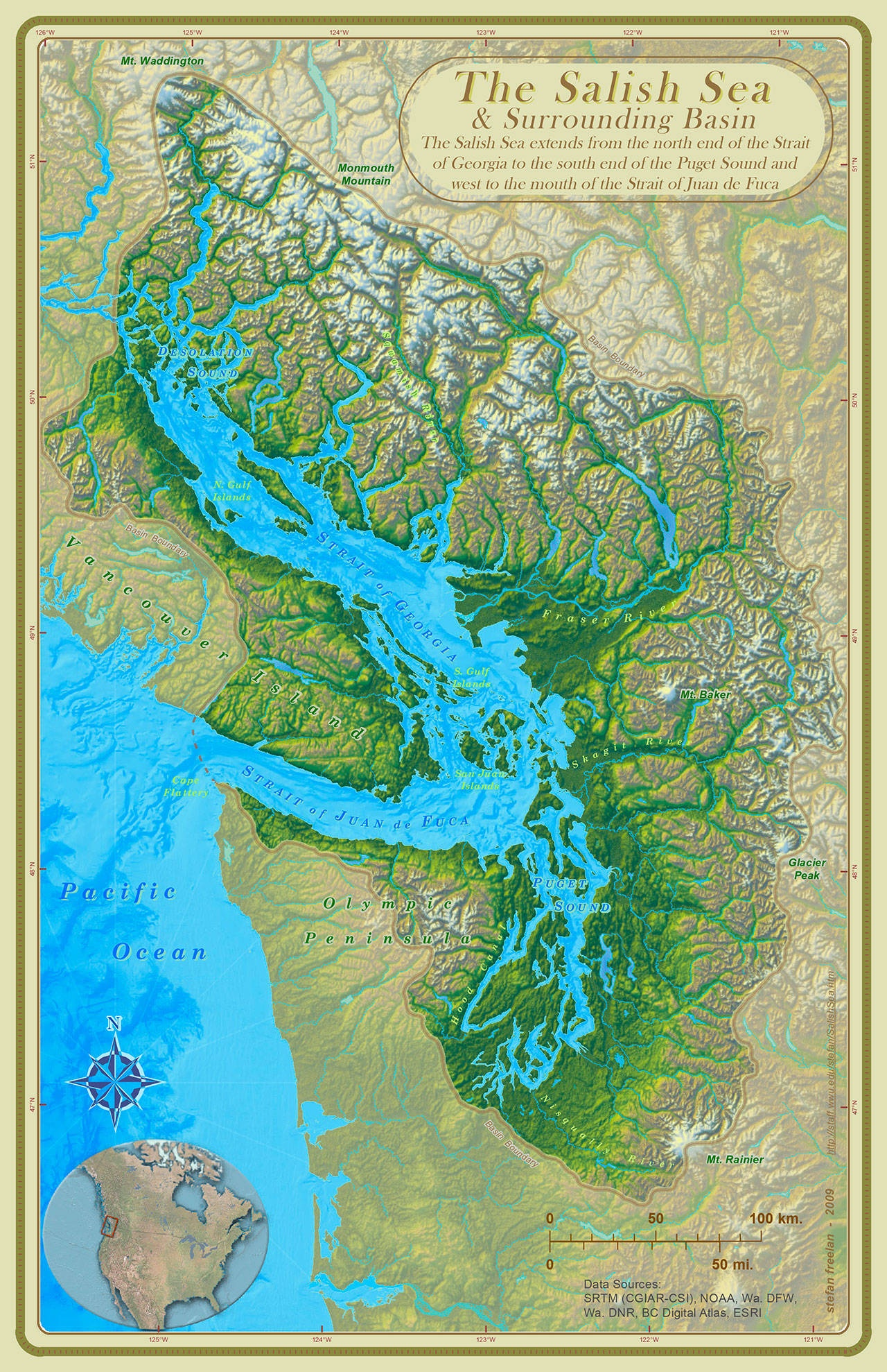 The single estuary ecosystem officially named the Salish Sea by British Columbia and Washington State in 2009 extends from the north end of the Strait of Georgia and Desolation Sound to the south end of the Puget Sound and west to the mouth of the Strait of Juan de Fuca. (Map of the Salish Sea and Surrounding Basin, Stefan Freeman, WWU, 2009)