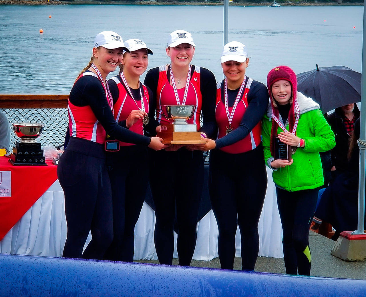 BBRC’s Kate Kelly, Gabrielle Graves, Ros Bellscheidt, Ava Lorentzen and coxswain Alex Ryan hold the Lady Logan Cup, which will now bear their names as the winners of the Brentwood 2018 U-17 quad. (Steve Tosterud Photo)