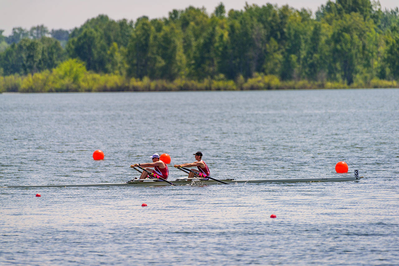 Dylan Carmody and Jordon Rutschow take first in the boys’ novice double at Vancouver Lake on Sunday. (Steve Tosterud Photo)