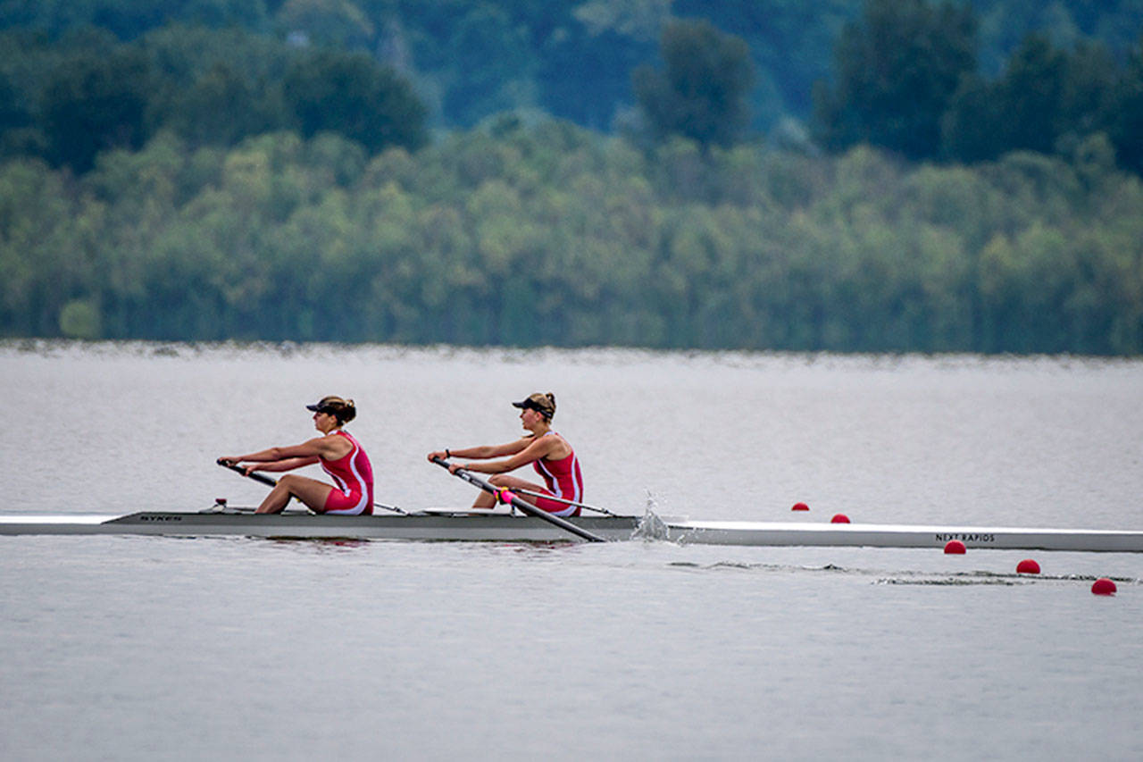 BBRC’s varsity women’s pair of Gabbie Graves and Kate Kelly cross the line for third place and an invitation to Nationals in June, at Northwest Junior Regional Championships last weekend at Vancouver Lake. (Steve Tosterud Photo)