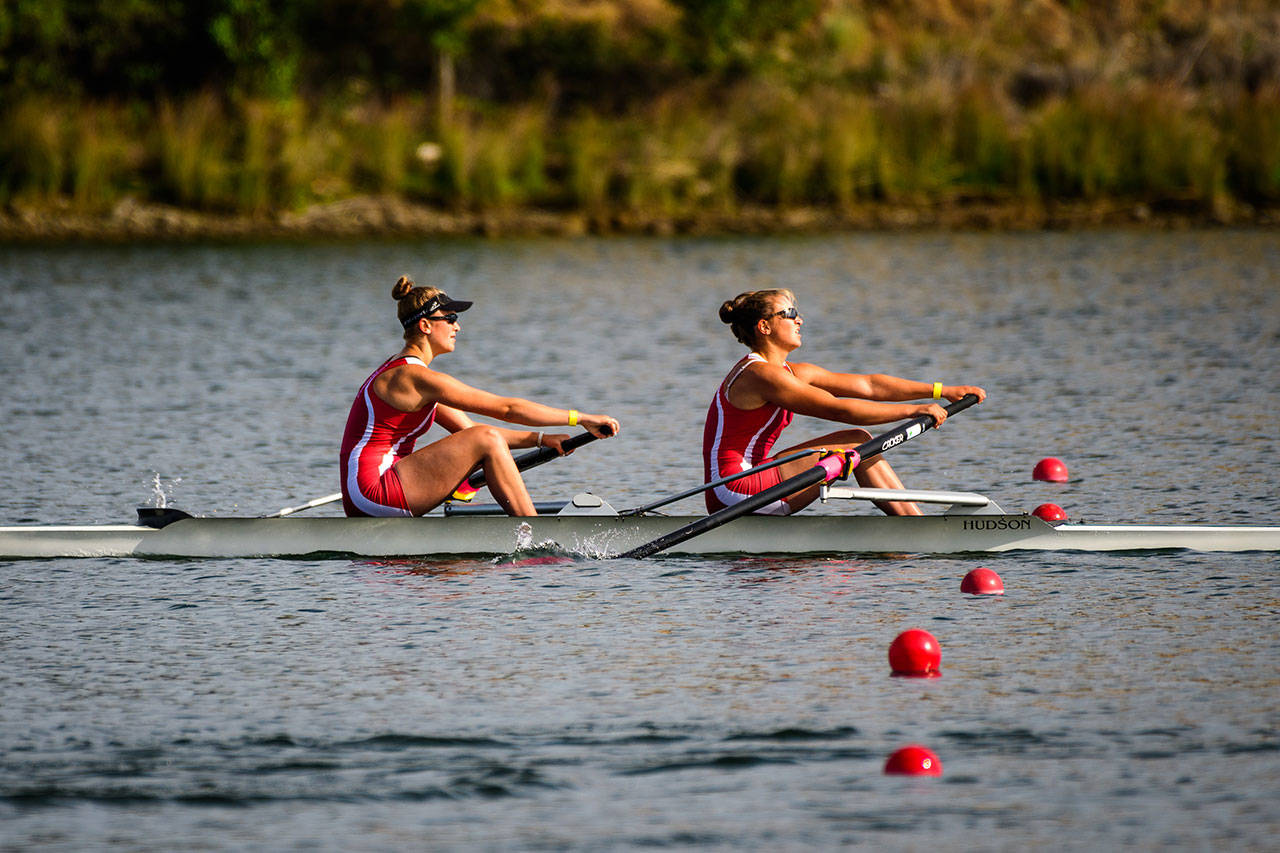 Kate Kelly (left) and Gabbie Graves racing at USRowing’s Youth National Championships on Lake Natoma, California, last weekend. (Steve Tosterud Photo)