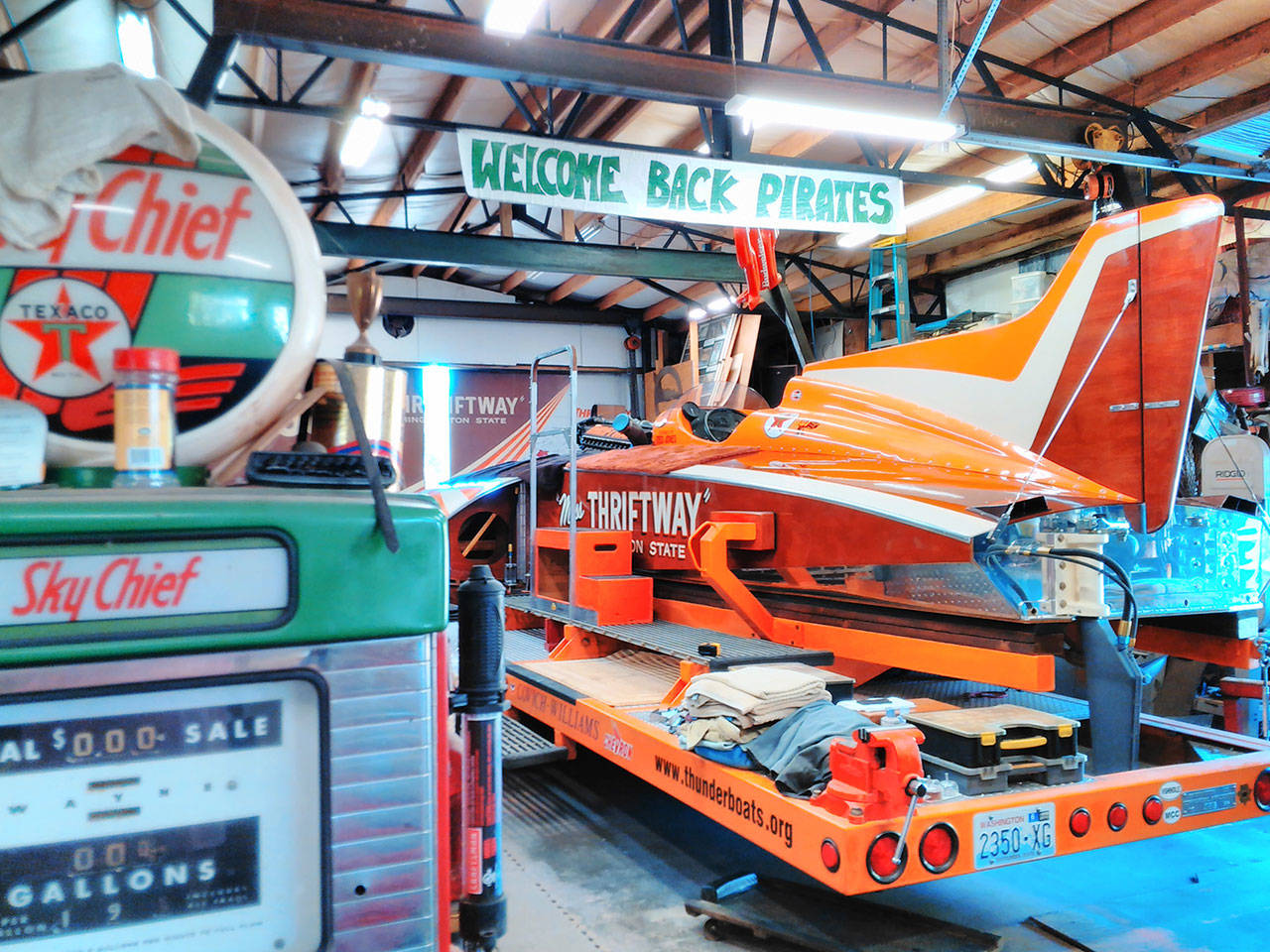 The Miss Thriftway hydroplane inside islander Larry Fuller’s shop (Paul Rowley/Staff Photo).