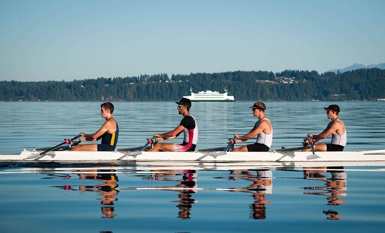 The boys in the boat, from left: Alex Lilichenko, Jacob Plihal, Jesse Maritz and Baxter Call, training on the water between Quartermaster Harbor and Point Defiance, for the World Rowing U-23 Championships. (Christine Plihal Photo)