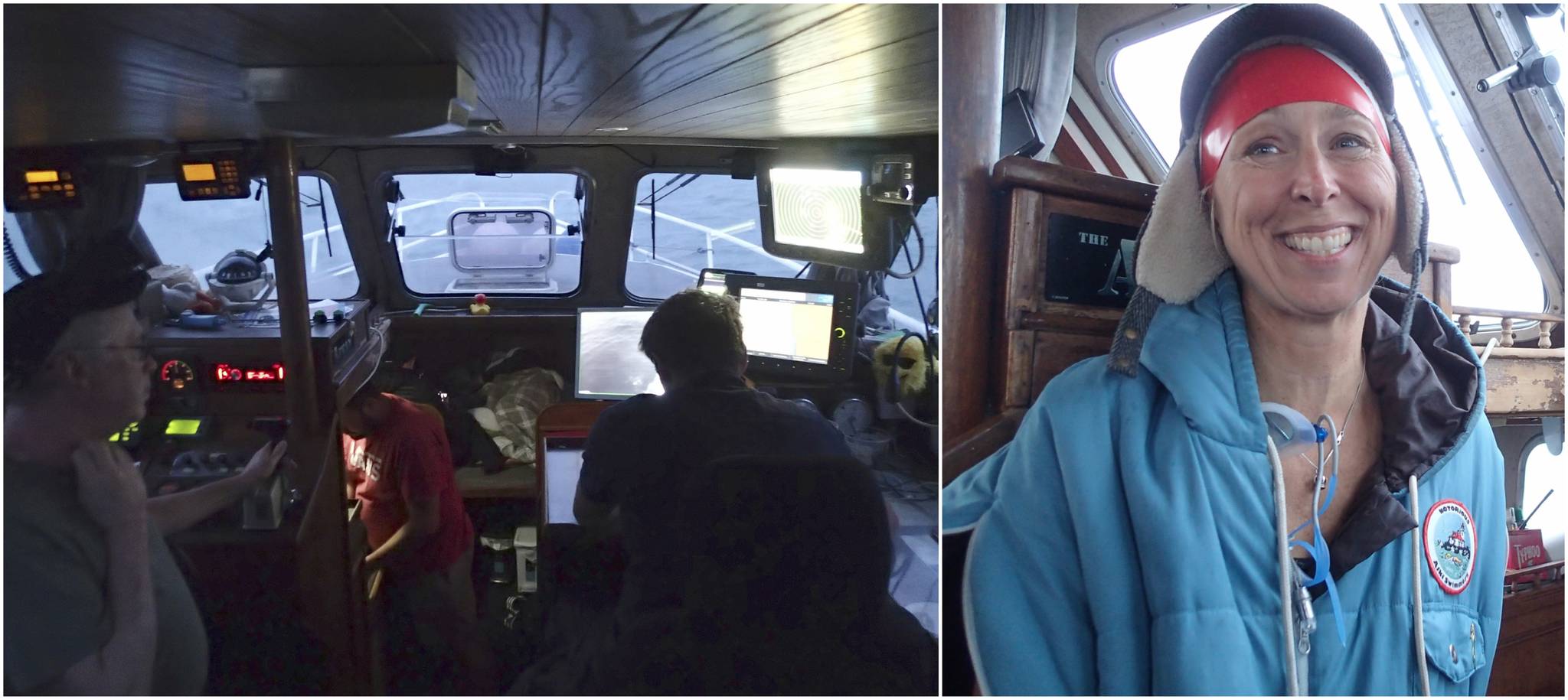 Left, inside the vessel Sea Satin. Right, islander Heidi Skrzypek in between her legs of the swim-relay crossing of the English Channel (Courtesy Photos).