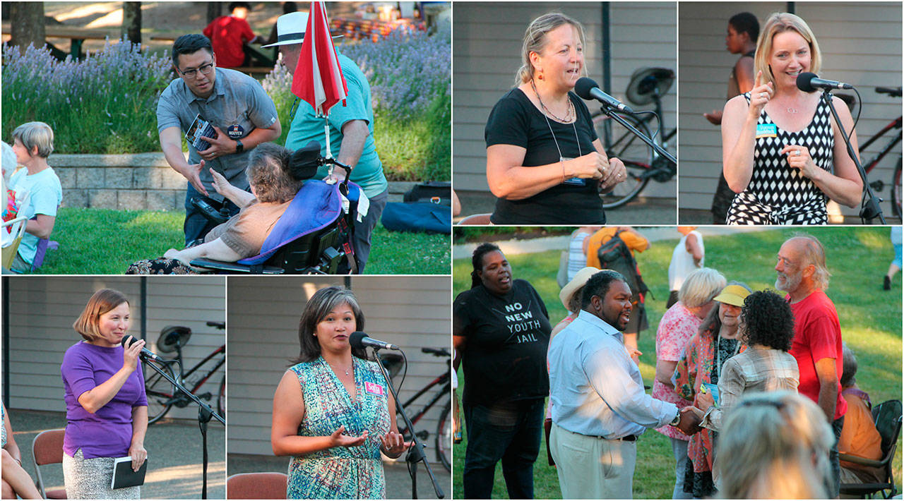 Six candidates running for state senate attended a forum hosted by the Vashon group Unifying For Democracy last Wednesday at Ober Park (Paul Rowley/Staff Photos)