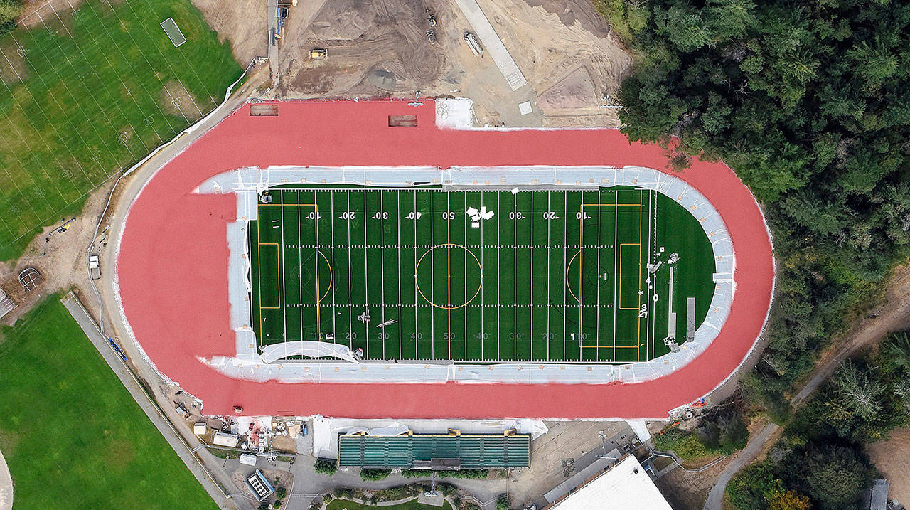 The new track and field are nearly complete. Community members are invited to attend the ribbon-cutting ceremony on Friday night before the football team plays its first home game of the season (Sky-Pix Aerial Photography).
