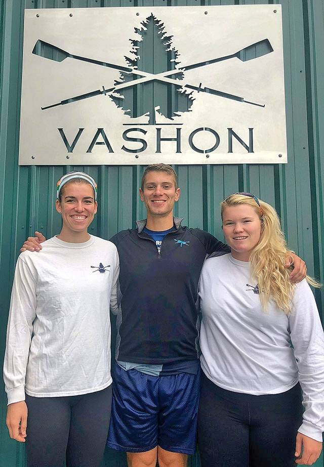 Vashon Island Rowing Club’s coaching staff includes, from left, Taegan Lynch, Ben Steele and Maya Krah (Courtesy Photo).