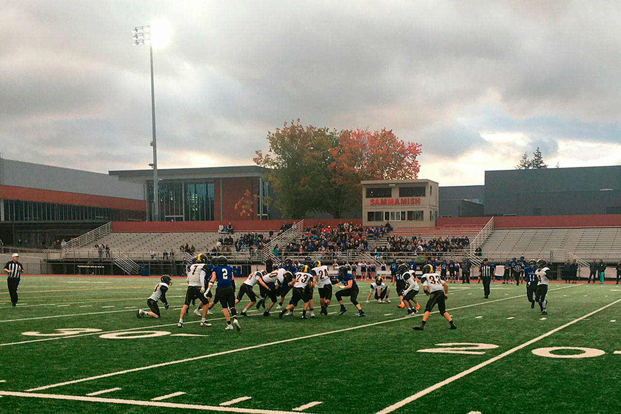 The VHS football Pirates on the field with the Bellevue Christian Vikings last Saturday (Courtesy photo).