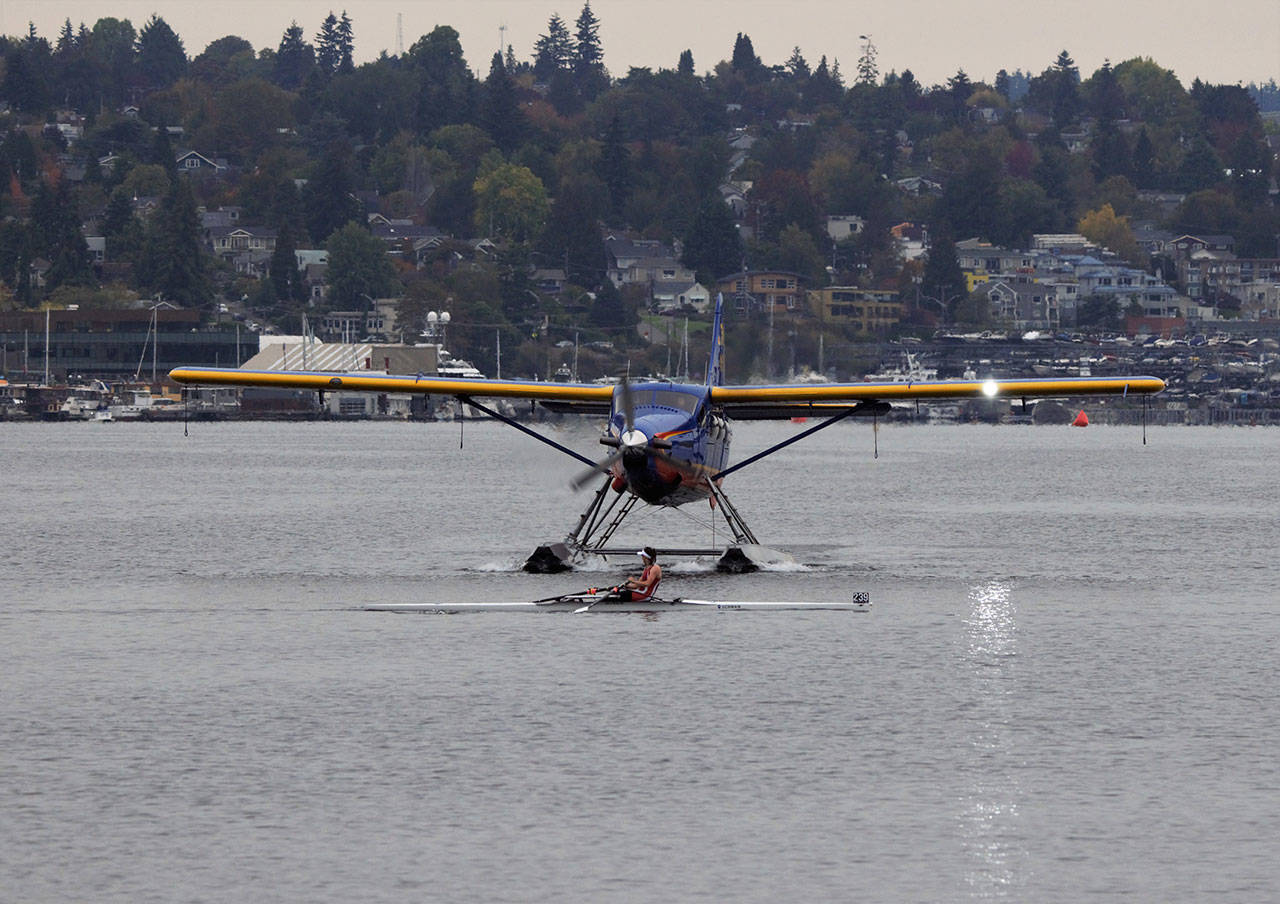 BBRC’s Mabel Moses stopping “traffic” on her way to a silver medal in the open women’s single at Sunday’s Tail of the Lake regatta on Lake Union. (Leanne Norby Photo)