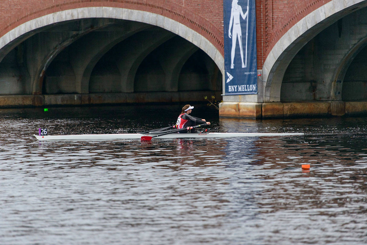 The Burton Beach Rowing Club’s Mabel Moses on her way to an 18th place finish at last weekend’s Head of the Charles regatta in Boston. (Jordan Petram Photo)