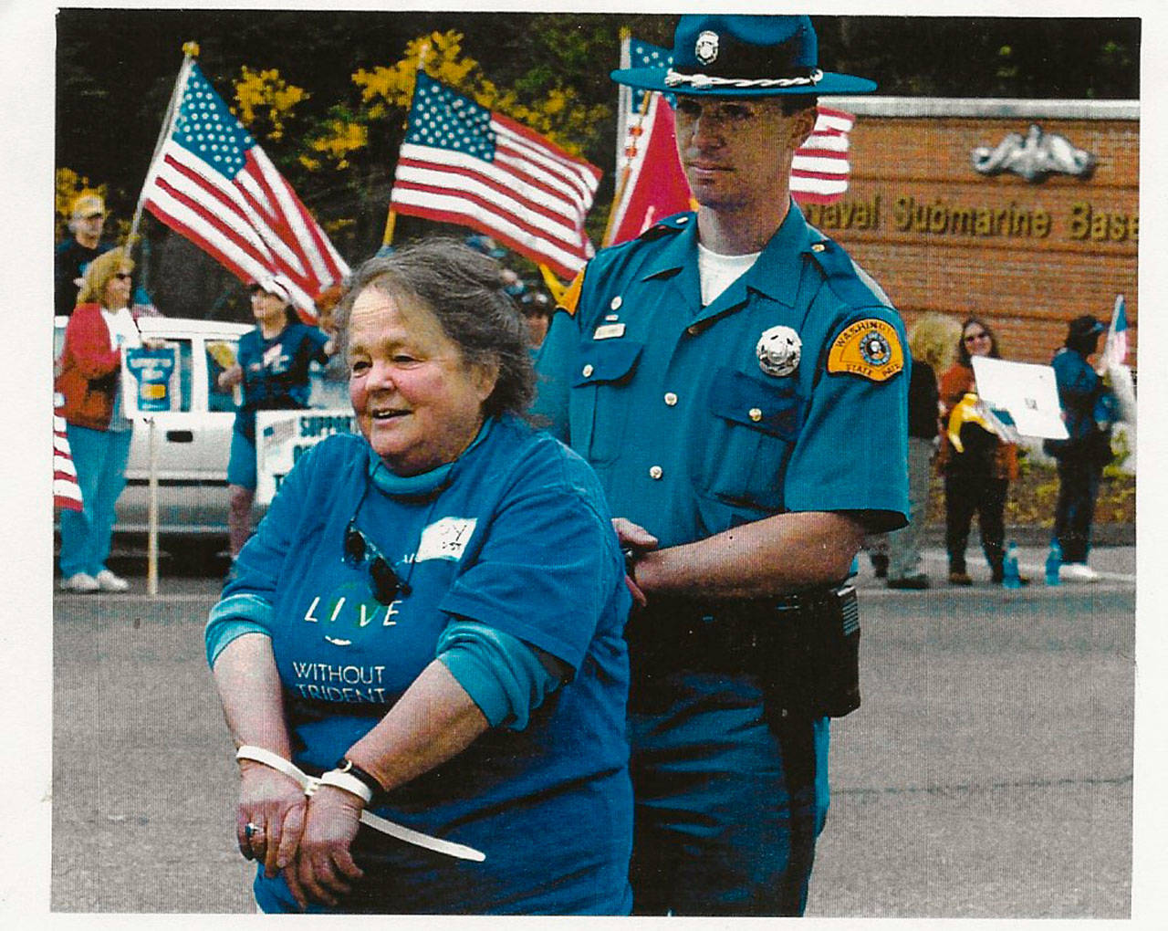 Joy Matusky Goldstein, under arrest at a Ground Zero demonstration against nuclear submarines (Courtesy Photo).