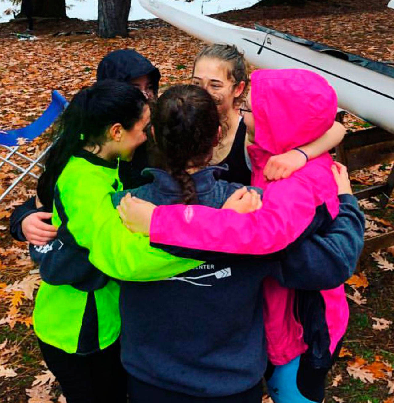 Members the VIRC/Renton Rowing Club composite novice women’s four (and coxswain) celebrate their gold medal row at the Frostbite Regatta last Saturday at Seattle’s Green Lake. (Photo by Taegan Lynch)