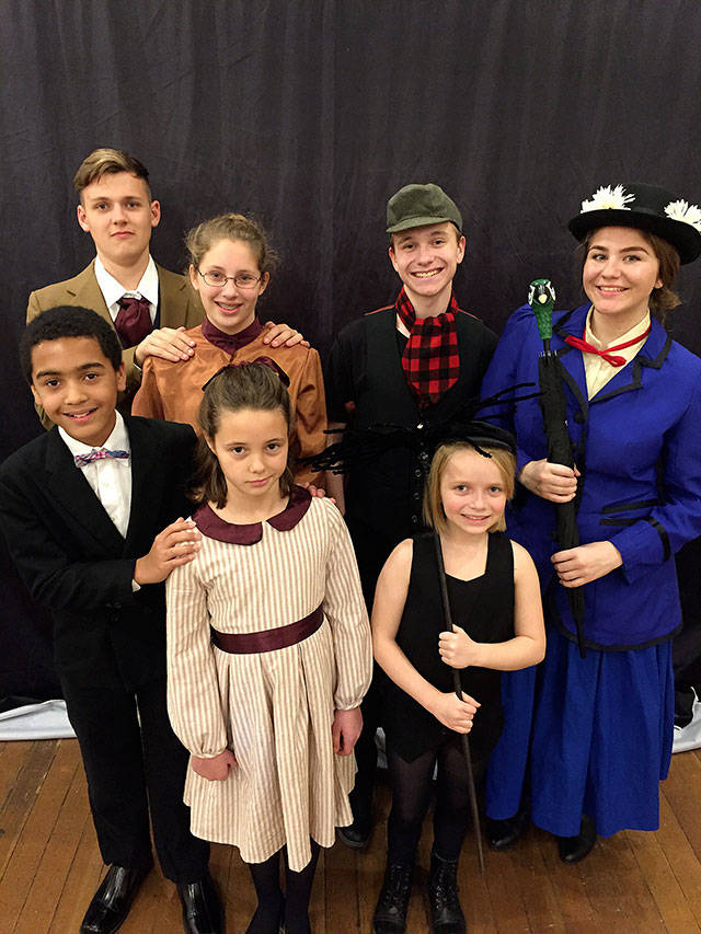 The cast of “Mary Poppins, Jr.” is set to sparkle in Vashon Center for the Arts’ latest youth theater production. Bottom row (left to right): Richard Barrett-Wood, Sutton Archambault and Mimi Dawson. Top row: Evan Erickson, Eva Cain, Gabriel Dawson and Sedona Deck (Courtesy Photo).