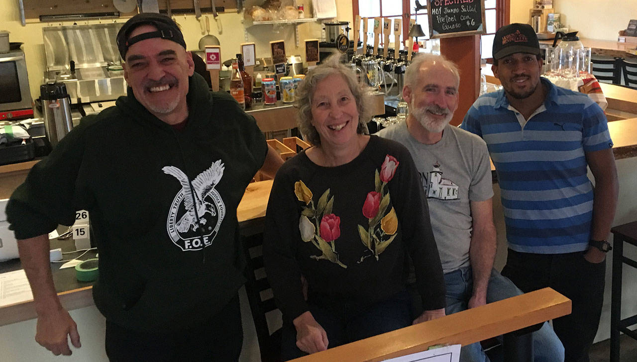 Vashon Brewing Community Pub team members (from left) are Chris Boscia, Cara Aguilera, Cliff Goodman and Baynody Mendez (Elizabeth Shepherd Photo).