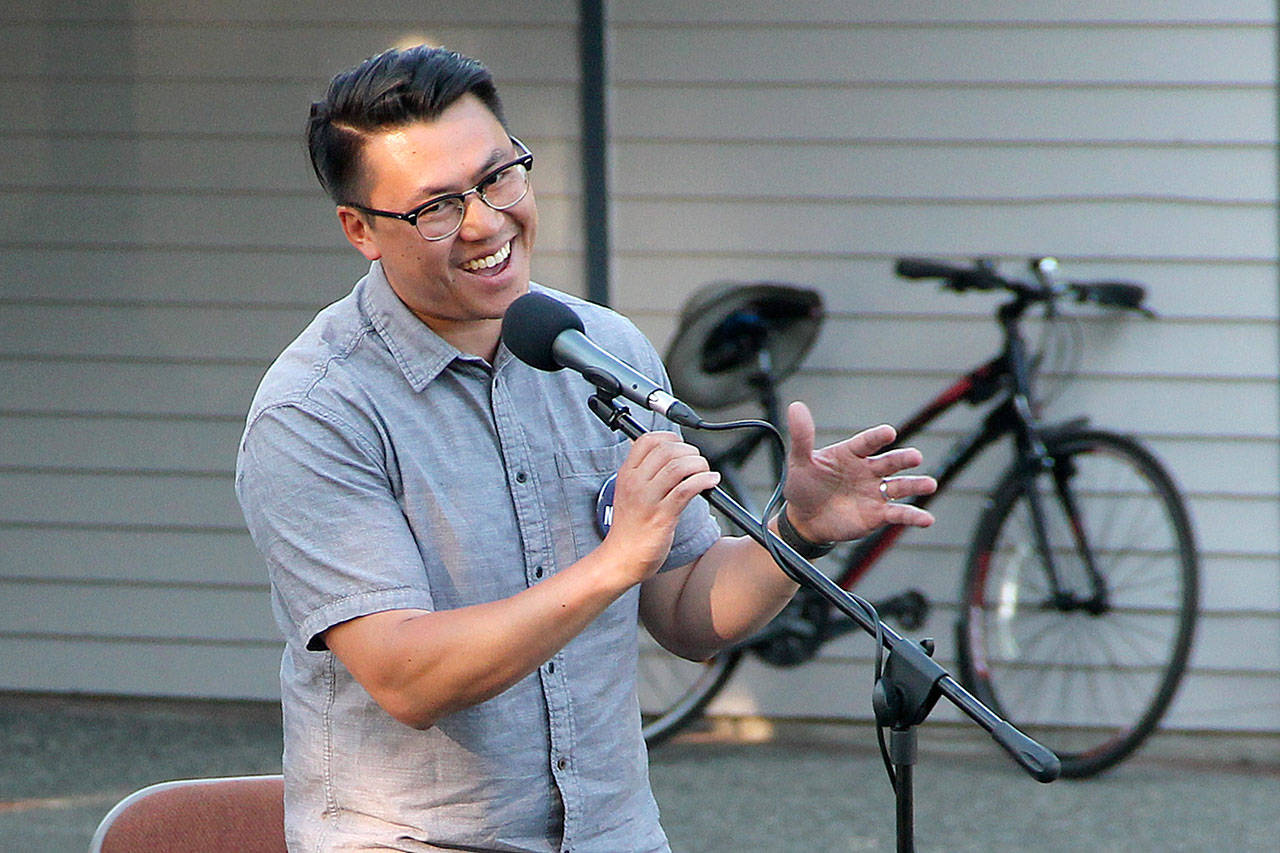 Joe Nguyen at the August candidate forum at Ober Park (Paul Rowley/Staff Photo).