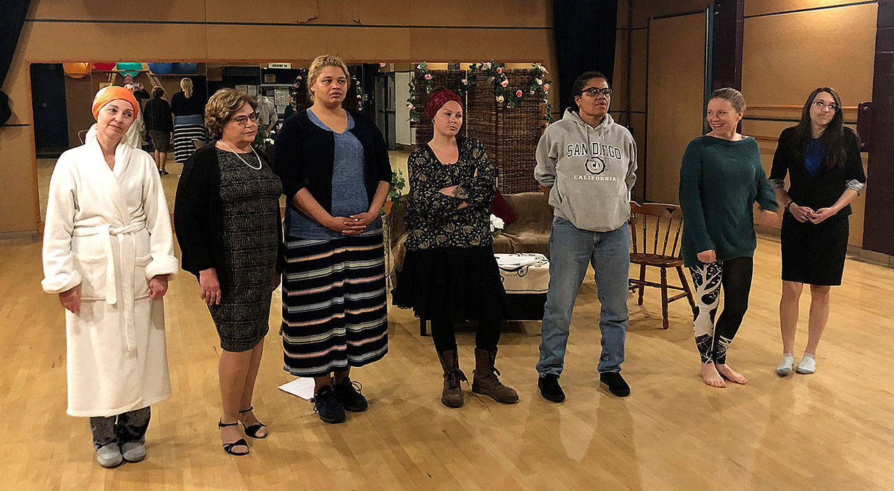 Courtesy Photo                                Cast members of “My Mother, MySelf” practice the play, which will have its world premiere performances this weekend.