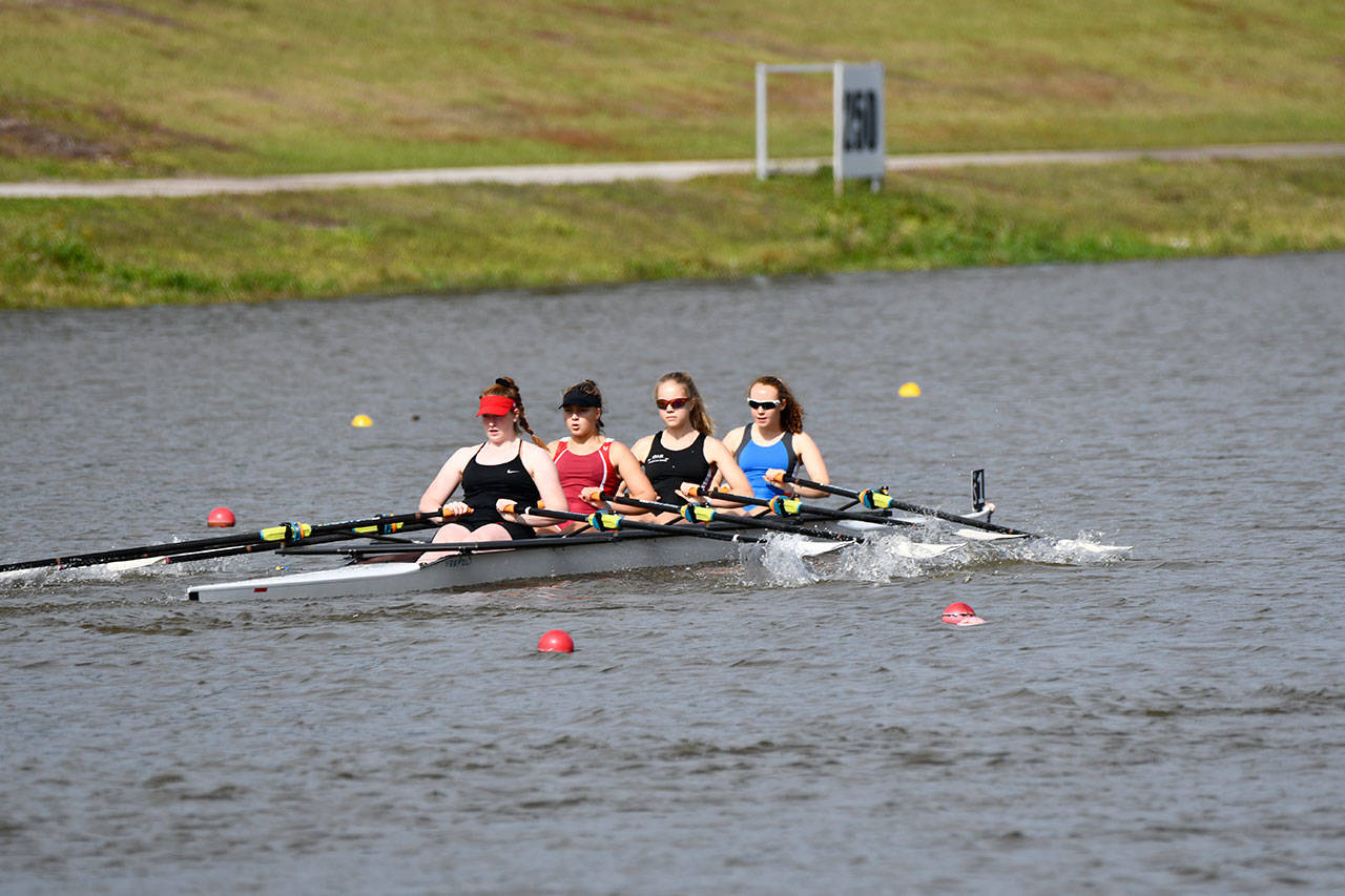 The Northwest U-19 quad of Mara Cassidy, Gabbie Graves, Emily Jaudon and Ryan Swardstrom on its way to victory at the USRowing Youth Regional Challenge (USRowing Photo).