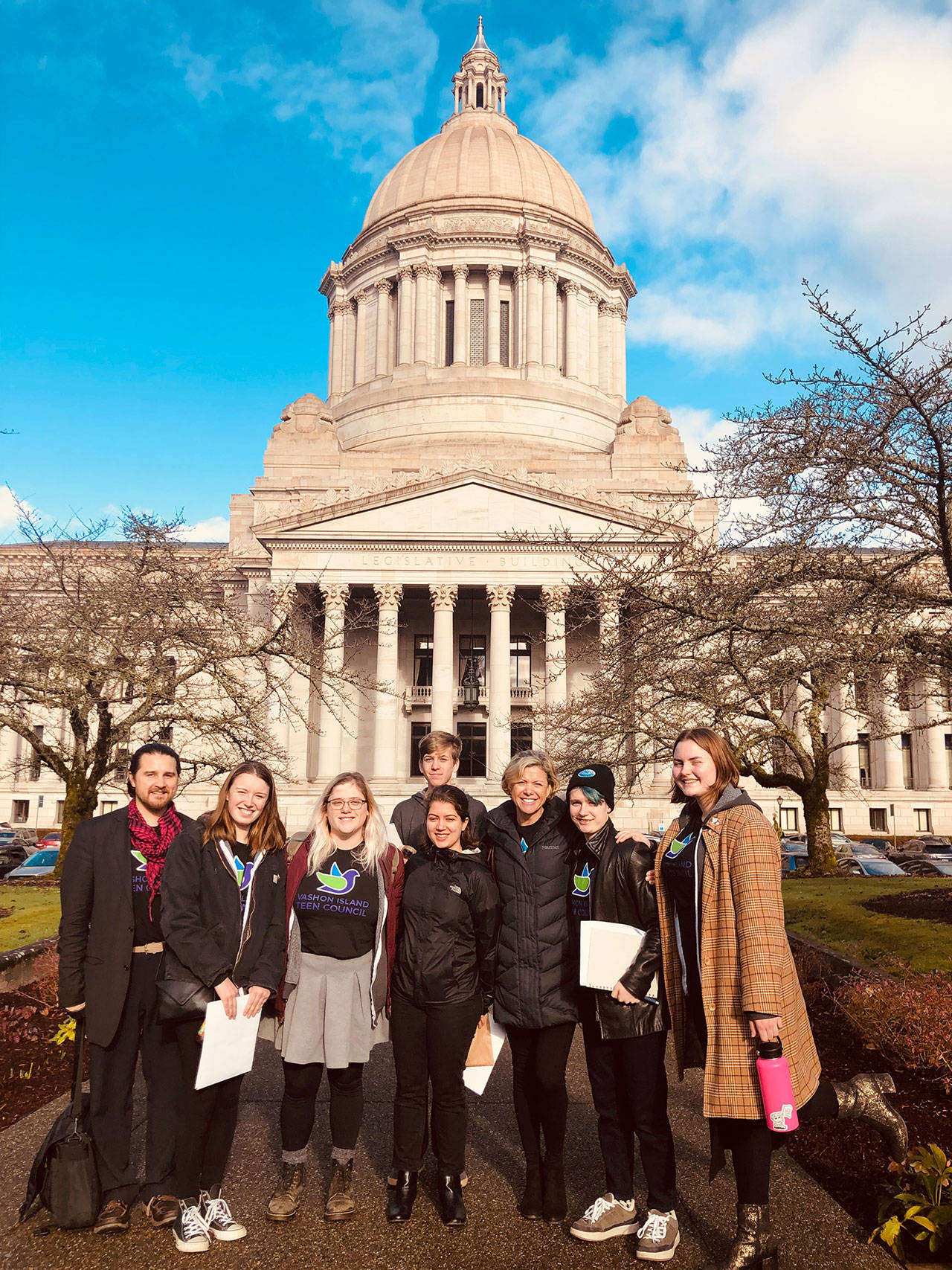 Members of Vashon’s Teen Council, with facilitators Kyle Britz and Tracy McLaren, at the state capitol last week. (Courtesy photo)