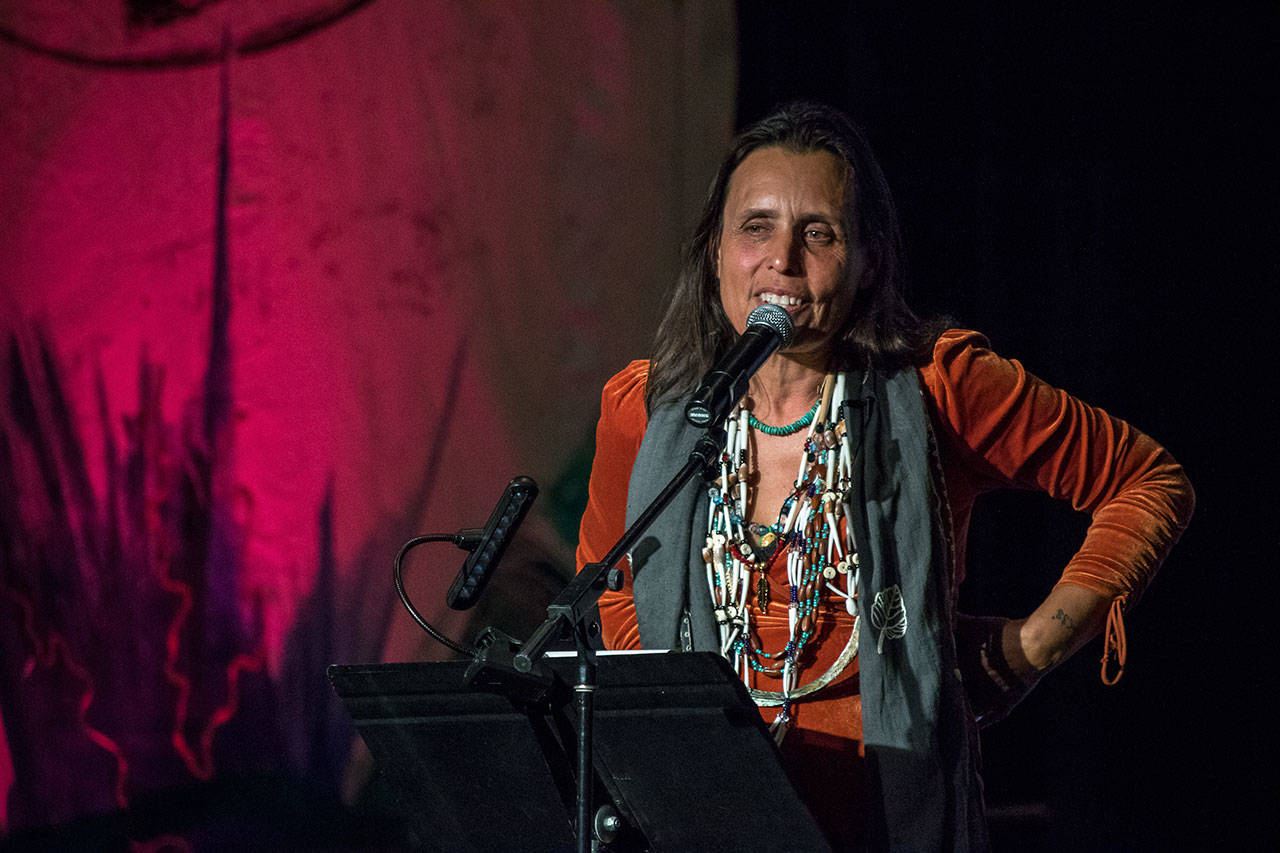 Julian White-Davis Photo                                Winona LaDuke speaking last year to a crowd of over 500 islanders at the Open Space for Arts & Community.
