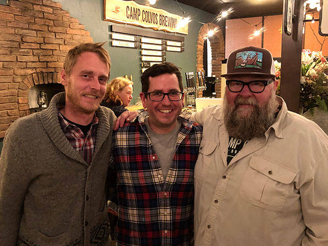 Camp Colvos’ Nathan Schafer, Matt Lawrence and Scott MacLaughlin at the brewery on a recent evening (Clint Brownlee Photo).