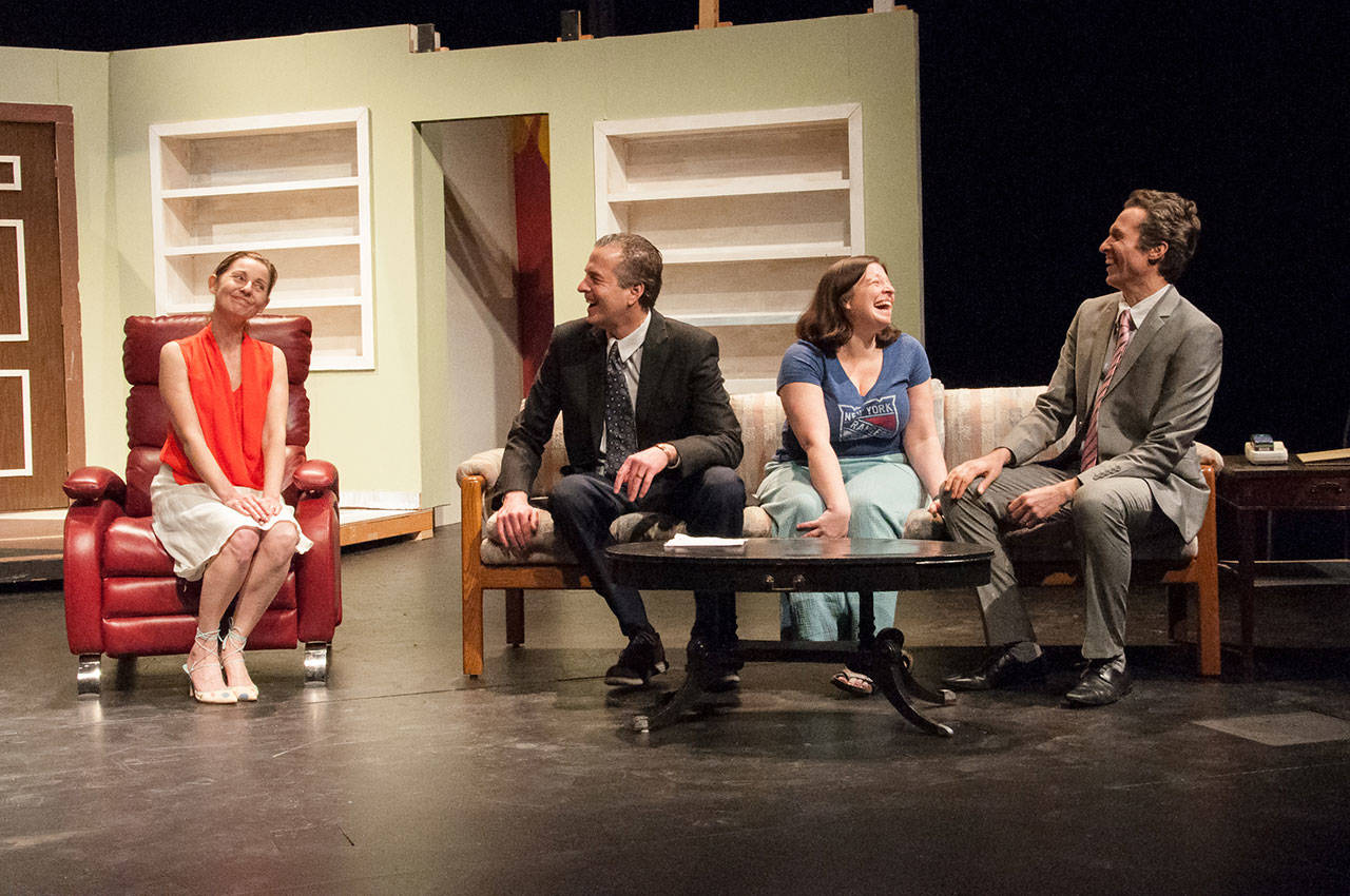 In Drama Docks production of The Odd Couple, Florence (Dedra Dakota) and Olive (Cate OKane) welcome their neighbors, the debonair Costanzuela brothers, Manolo (James Norton) and Jesus (Russell Baker). (Peter Serko Photo)