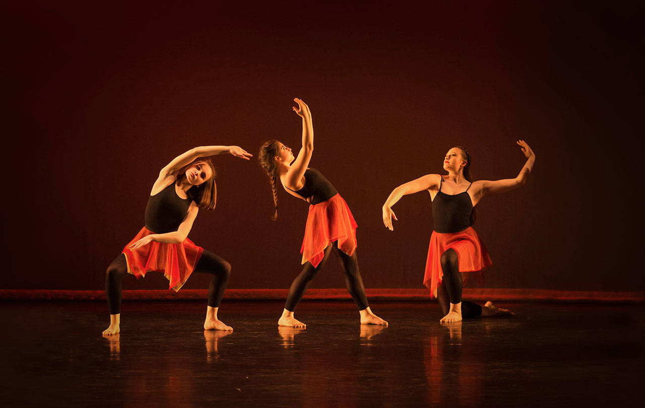 Vashon Center for Dance students Mia Kuzma, Ruby Joyce and Roslyn Bellscheidt in an “Original Works” performance (Andy Dunnicliff Photo).