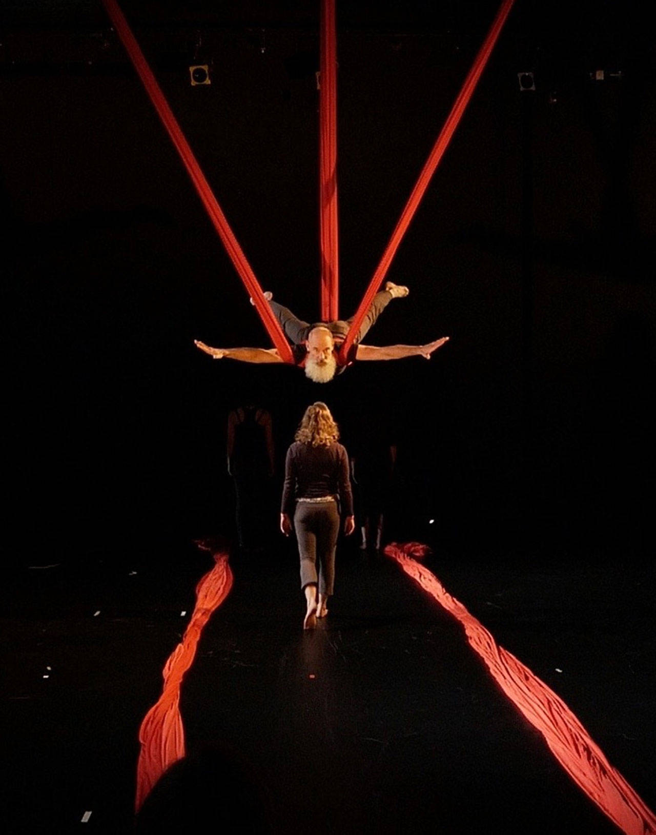 Glen Easley has graduated from aerial student to professional under the tutelage of Esther Edelman, director of “Secrets I Can’t Remember: Aerial Dance and Theater All Mixed Up.” He’ll perform the show with other cast members at Open Space for Arts & Community (Courtesy Photo).