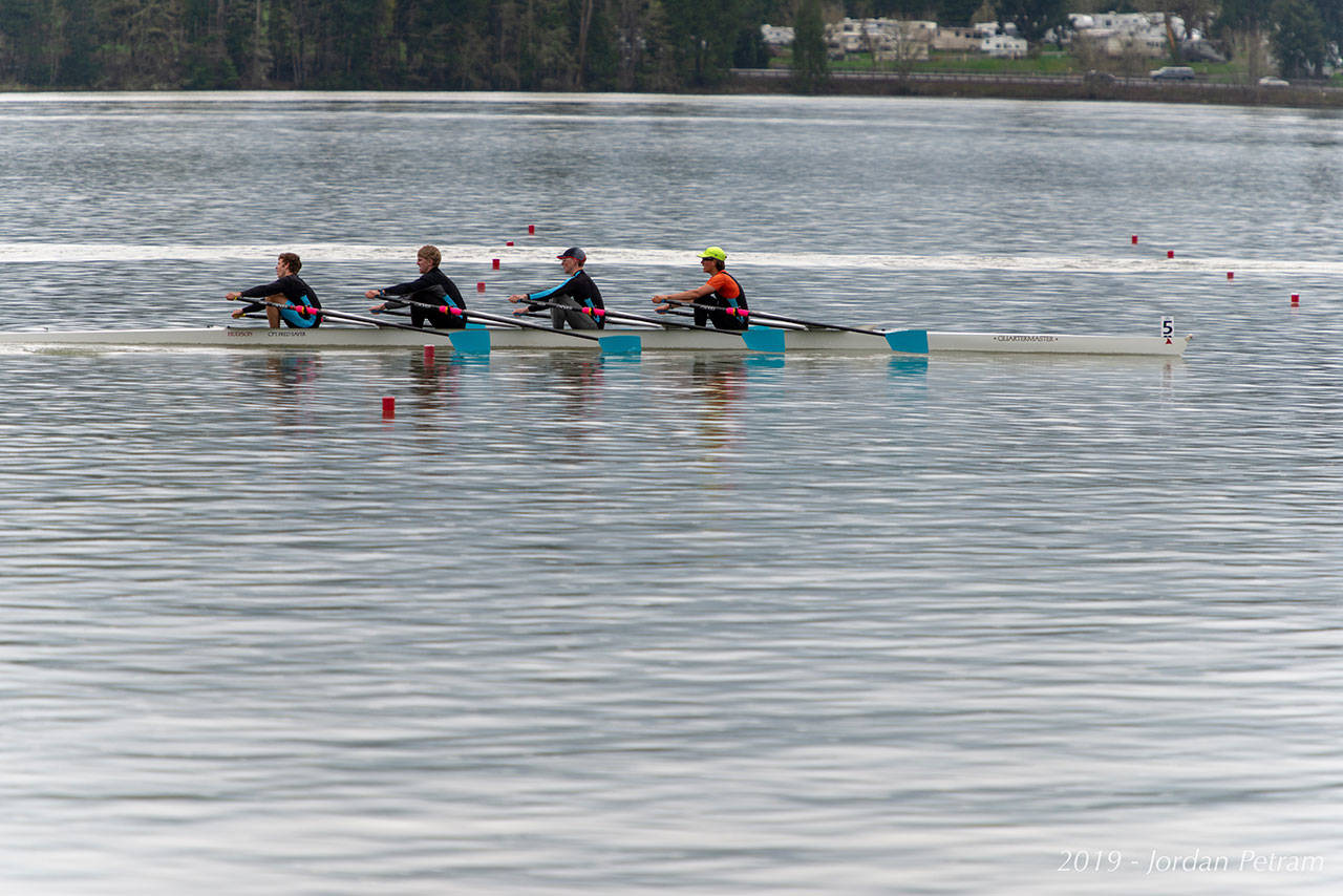 VIRC’s varsity boys’ quad of Tor Ormseth, Rohin Petram, Bowie Hichens and Oz Hichens rows its way to a silver medal on Dexter Lake at the Covered Bridge regatta in Oregon on Saturday. (Jordan Petram Photo)