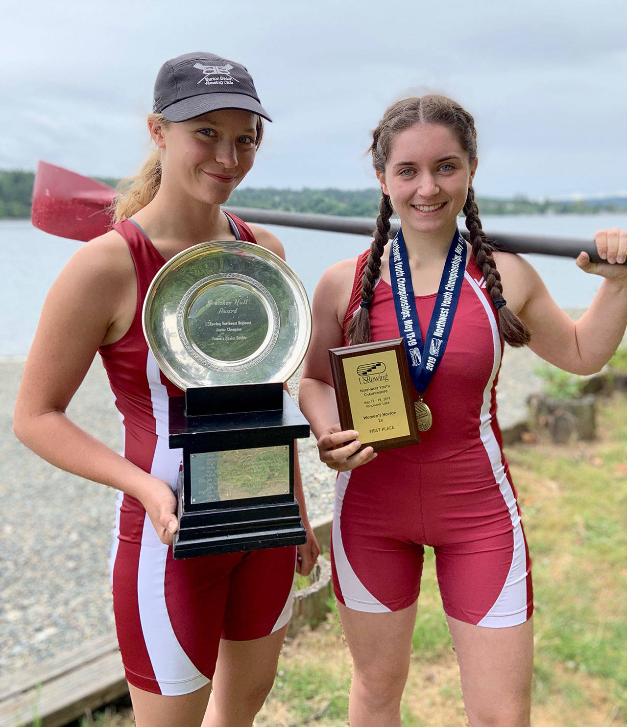 BBRC’s Jewel Wass de Czege and Bronwyn White with their spoils of war after besting a field of 36 other crews in the novice women’s double. (Davis Kelly Photo)