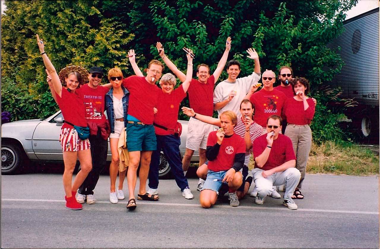 The largely queer Vashon Kazoo Marching Band participated in the Strawberry Festival parade several times between 1984 and 1999. The photo is include in “In and Out: Being LGBTQ on Vashon,” at Vashon-Maury Island Heritage Museum (Courtesy Photo).