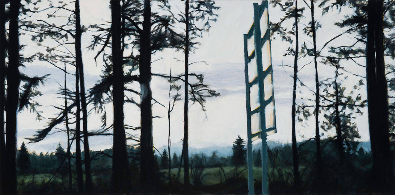 Molly Magai’s “Oregon Roadside” an oil on canvas painting in “Tree,” catches a fleeting glimpse of a Northwest landscape seen from a moving vehicle. An artist’s statement says her work is concerned with speed, perception, transportation infrastructure, the unexpectedness of reality, and the slow Armageddon of climate change (Courtesy Photo).