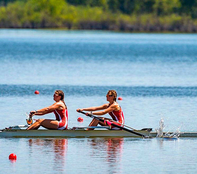Gabrielle Graves and Katherine Kelly row a pair at the regional competition in Vancouver, Washington, in May 2019 (Steve Tosterud Photo).