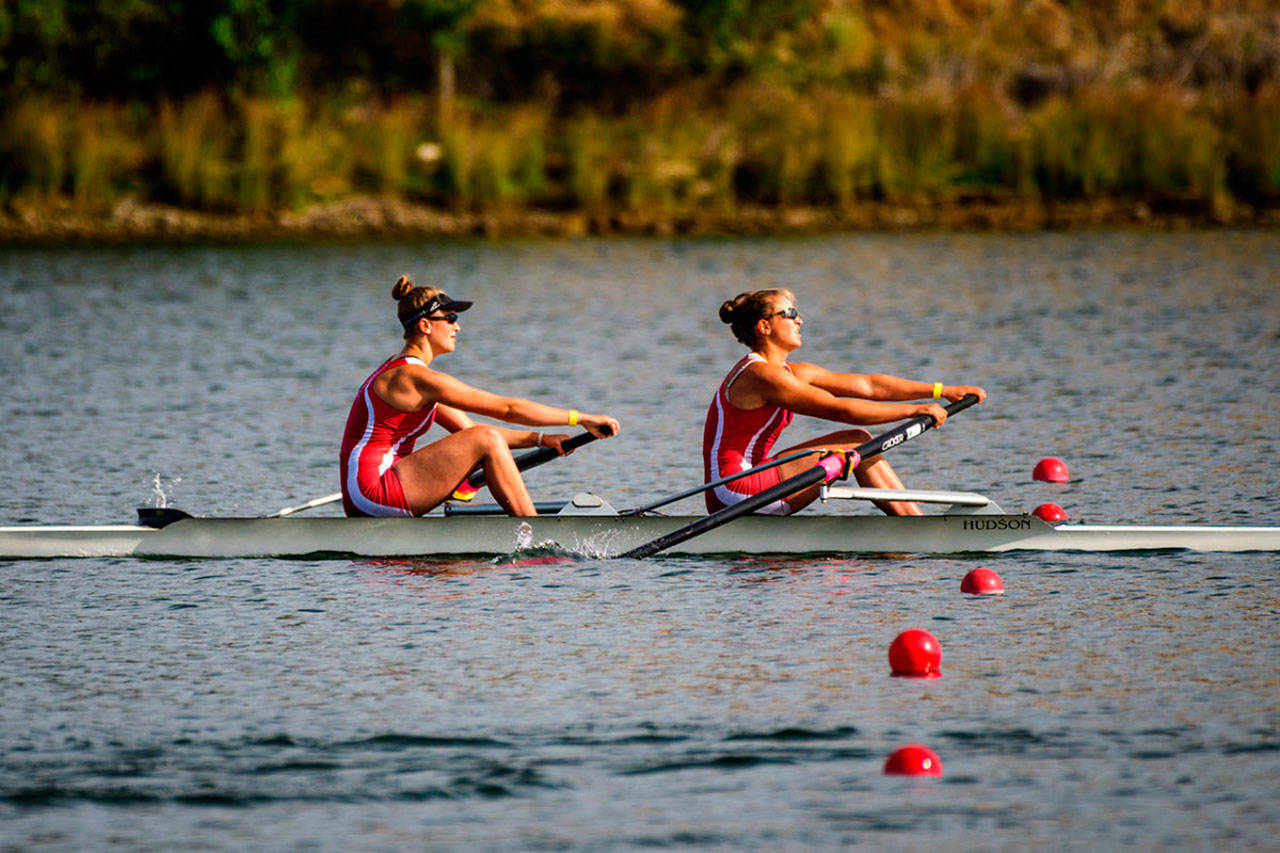 Kate Kelly (left) and Gabbie Graves racing at USRowing’s Youth National Championships on Lake Natoma, California, last year. They rowed separately in the recent world competition (Steve Tosterud Photo).