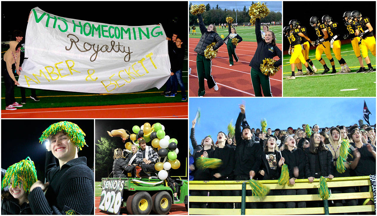 (Upper left to right) Robert Troup Photos. (Lower left) Finbarr Anderson and Aspen Anderson pose with pom-poms at the game. (Center) Seniors Beckett Reid and Amber Fairbanks take the traditional ride around the track after being crowned Homecoming King and Queen. (Right) The bleachers at Vashon High School stadium were packed with Pirates for the big game against the Port Townsend Redhawks (Tom Hughes Photos).