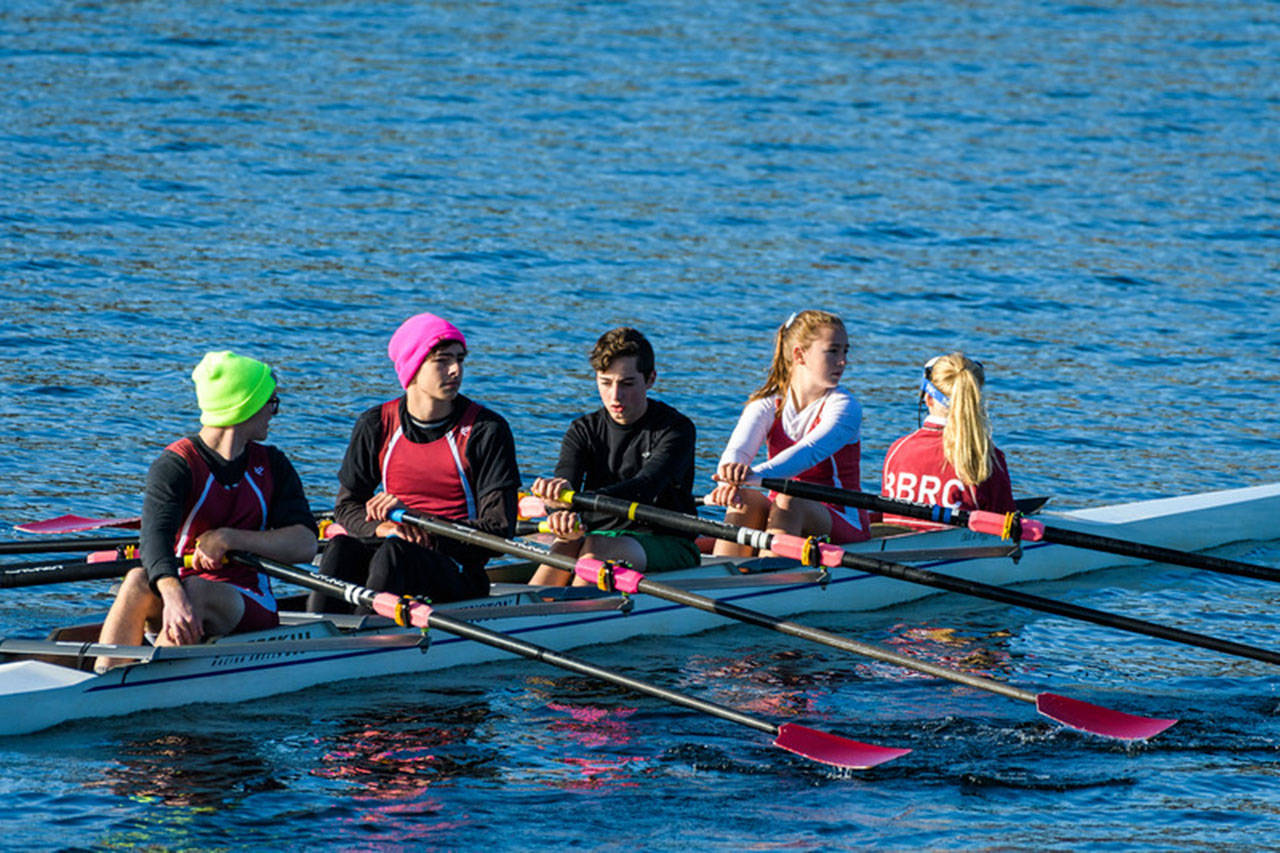 Simon Grant, Braden Edwards, Sean Ryland, Keziah Rutschow and coxswain Olivia Sherman compete during the Tail of the Lake on Lake Union (Steve Tosterud Photo).