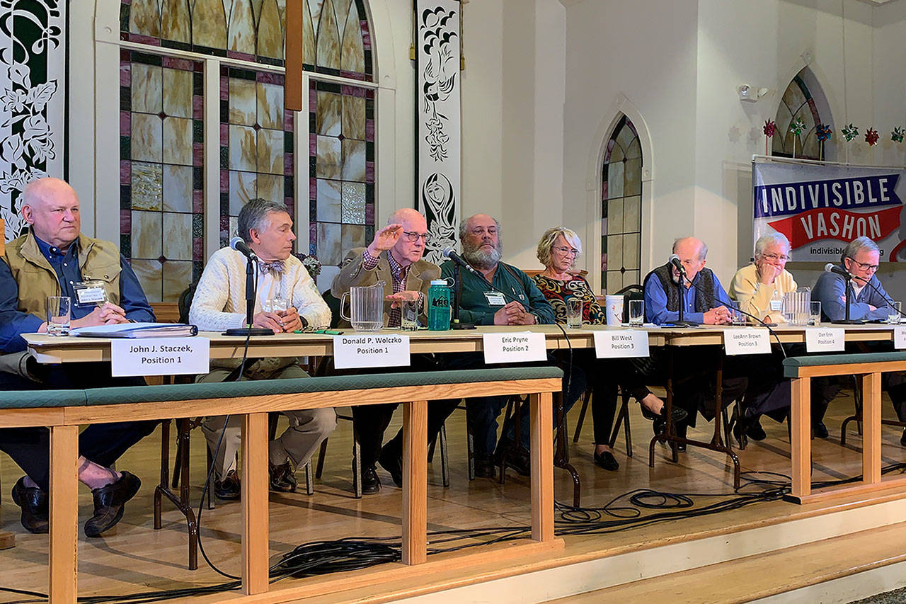 Eric Pryne, one of the candidates for board of commissioners of the proposed Hospital District No. 5, speaks at a forum held Thursday, Oct. 10, at the United Methodist Church. (Kevin Opsal/staff photo)