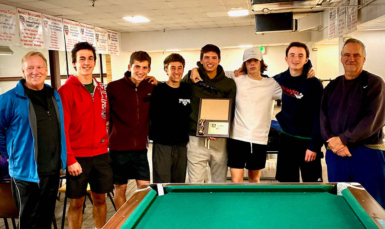 From left: Coach Rick Dousett, Hank Rogers, Zach VanDusen, Cam Bedard, JJ Bogaard, Towner Anderson, Even Keppler and Coach Pat Mulvihill (Mark Webster Photo).