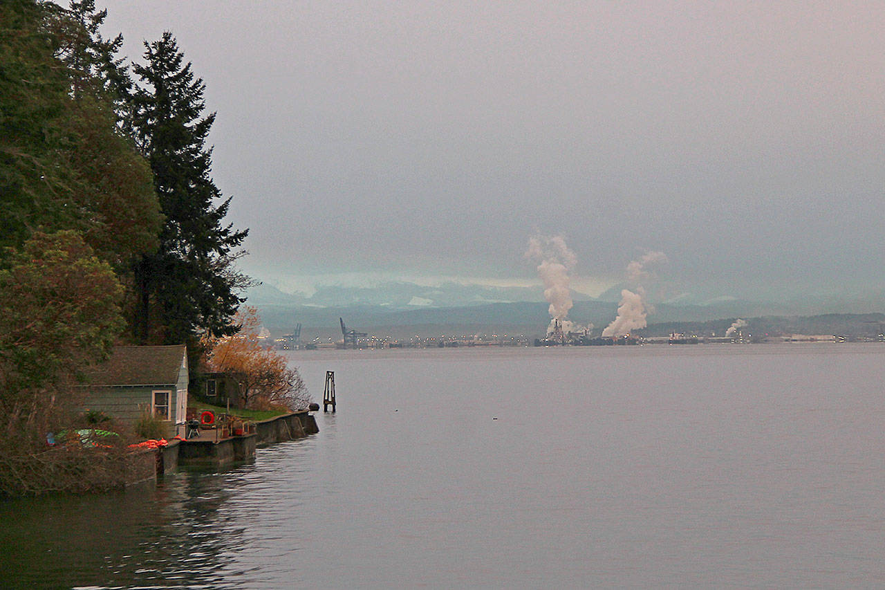 The Port of Tacoma in the distance as seen from the Tahlequah ferry dock (Paul Rowley/Staff Photo).