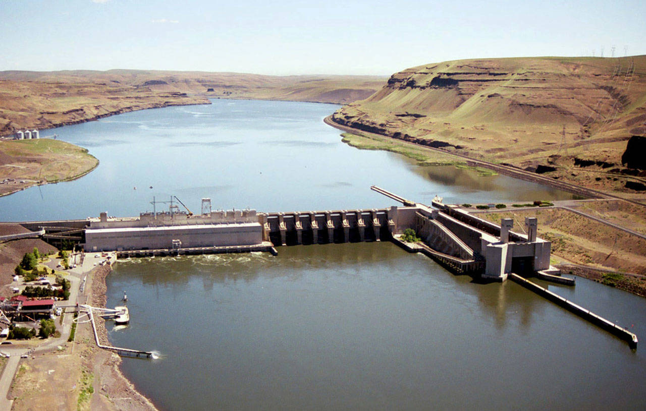 The Lower Monumental Dam, one of four structures in the Snake River that climate activists believe should be breached to allow for the restoration of river functions and the ultimate survival of salmon (Army Corps of Engineers Photo).