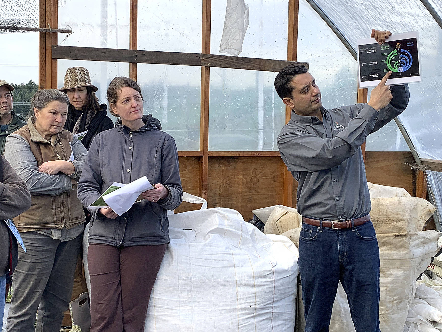 Kevin Opsahl/Staff Photo                                Srirup Kumar, community engagement officer for Impact Bioenergy, points to a systems diagram of the “circular economy” during an event at Vashon’s Matsuda Farm on Monday, Jan. 28.