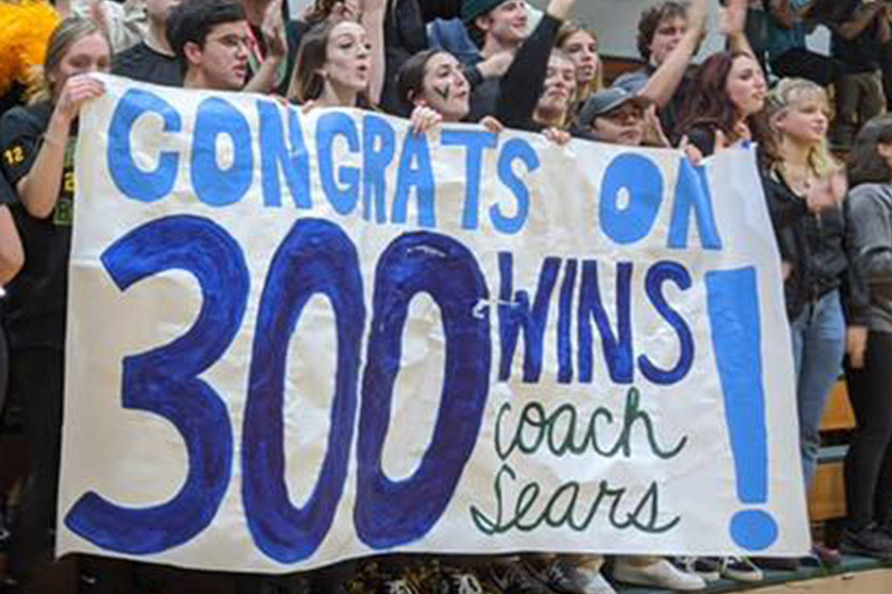 VASHON HIGH SCHOOL PHOTO                                The cheering section celebrates Andy Sears’ 300th career win.