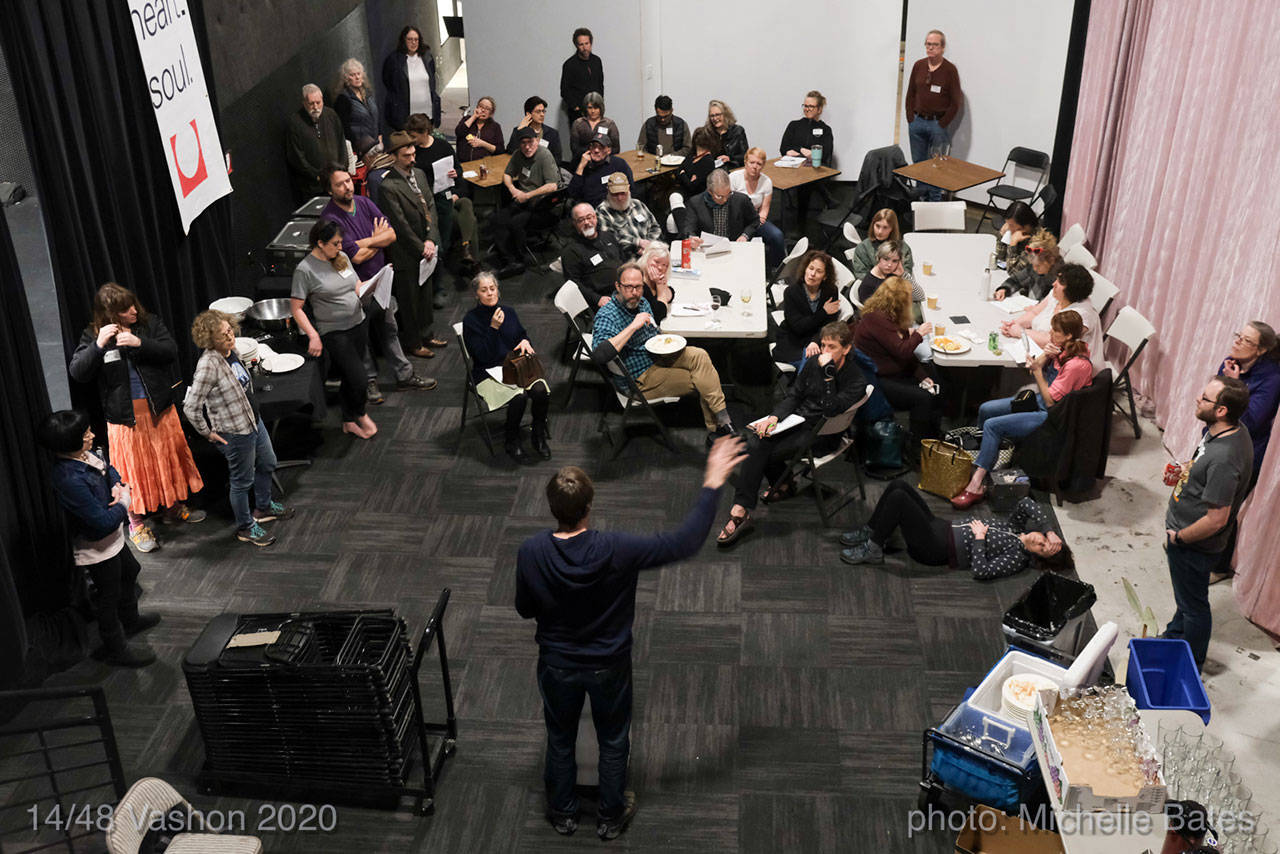 The cast, crew, writers and directors of “14/48 Vashon” took over Open Space for Arts & Community during a madcap weekend of play-making and performances on Jan. 24 and 25 (Michelle Bates Photo).