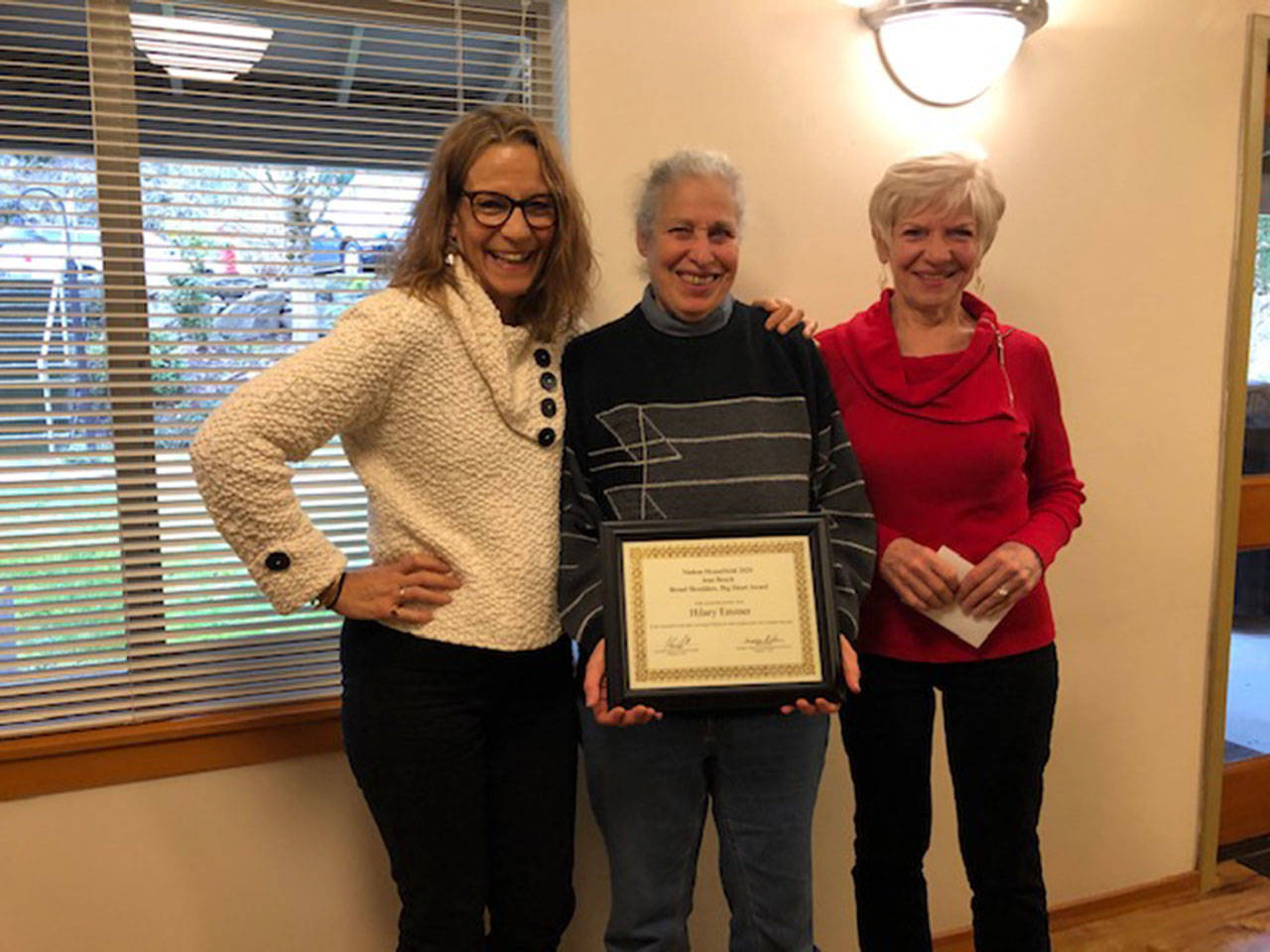 (From left to right): Vashon HouseHold Board Vice President Leslie Ferriel, Hilary Emmer, and board president Carolyn Wilber (Courtesy Photo).