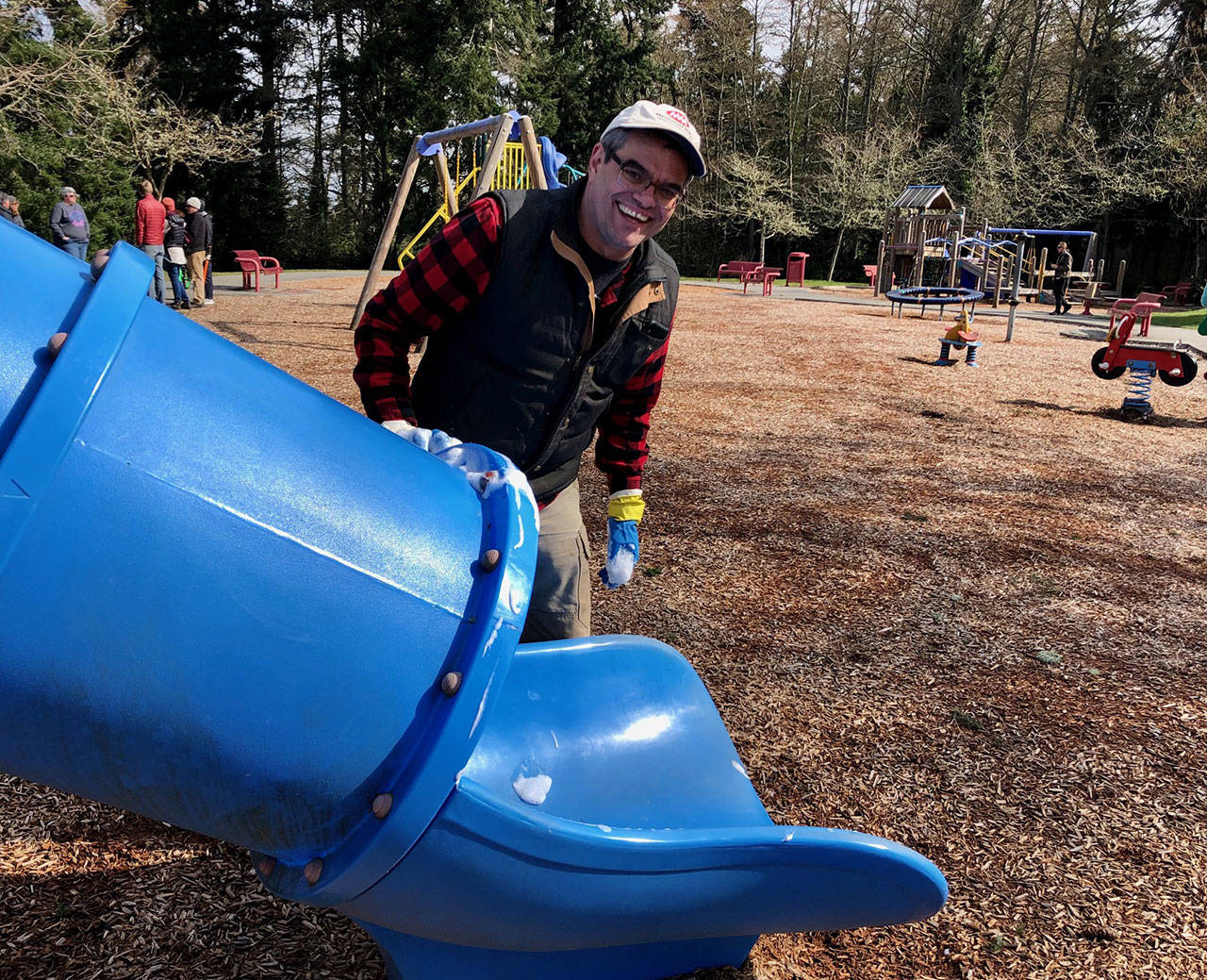 Gene Kuhns at Ober Park doing his part to stop germs and keep the community connected (Kate Dowling Photo).