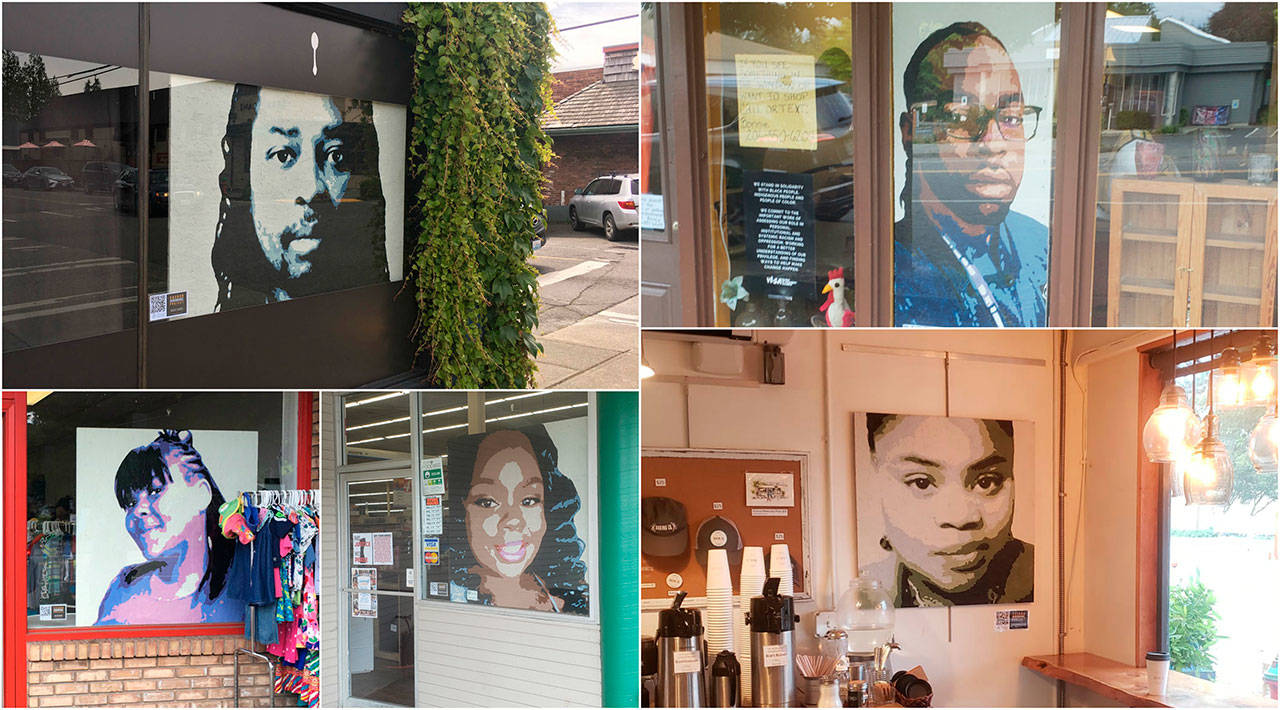 Courtesy Photos                                Top left, a large portrait of Samuel DeBose faces the street at The Ruby Brink. Top right, Philando Castile’s portrait hangs at Lost & Found. Bottom left, a portrait of Rekia Boyd adorns the front window of Rock It. Center, Breonna Taylor’s photo graces the entrance to Vashon Pizza. Bottom right, a portrait of Atatiana Jefferson hangs inside Vashon Island Baking Company.