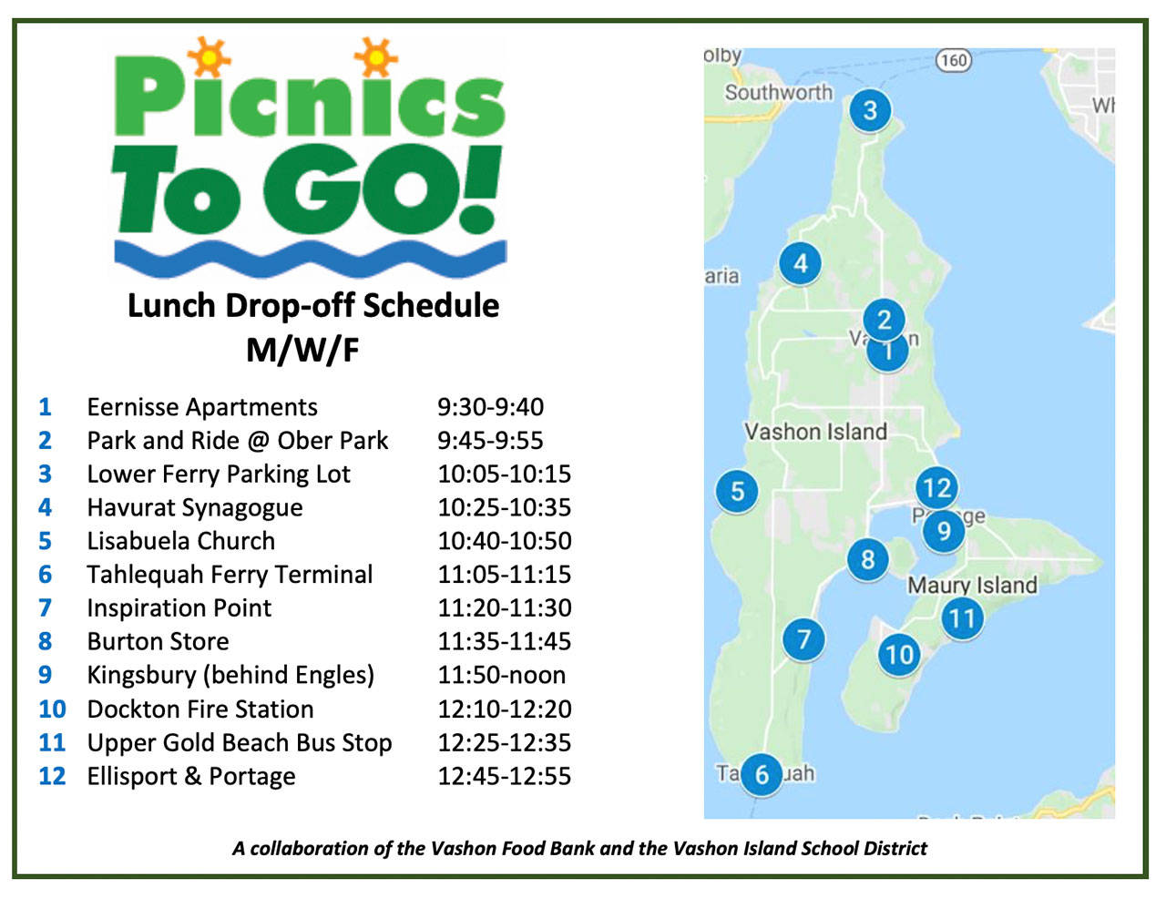 Free sack lunches are available Monday through Friday for pickup at Vashon High School and via delivery on Monday, Wednesday and Friday at a dozen stops around the island (Courtesy Photo).