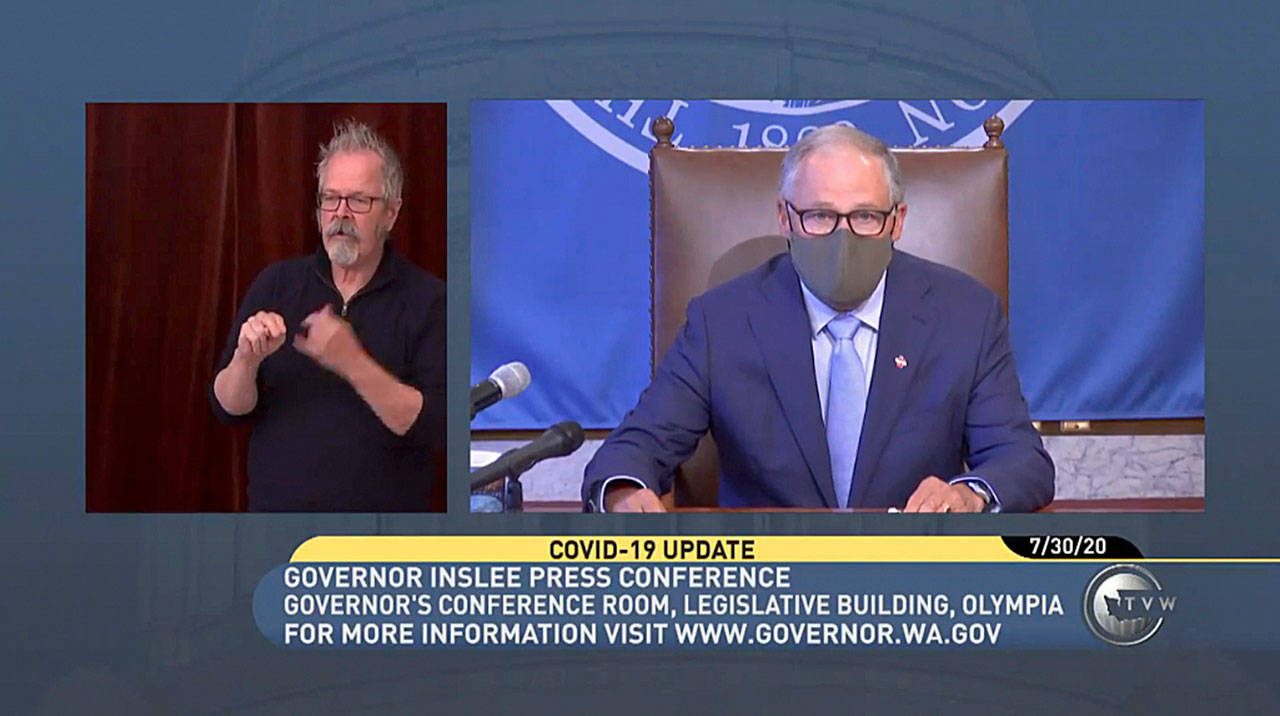 On July 30, during a press conference, Gov. Jay Inslee extended his thanks to the business community of Washington, in part for enforcing compliance with the requirement for their patrons to wear facial coverings (Courtesy Photo).