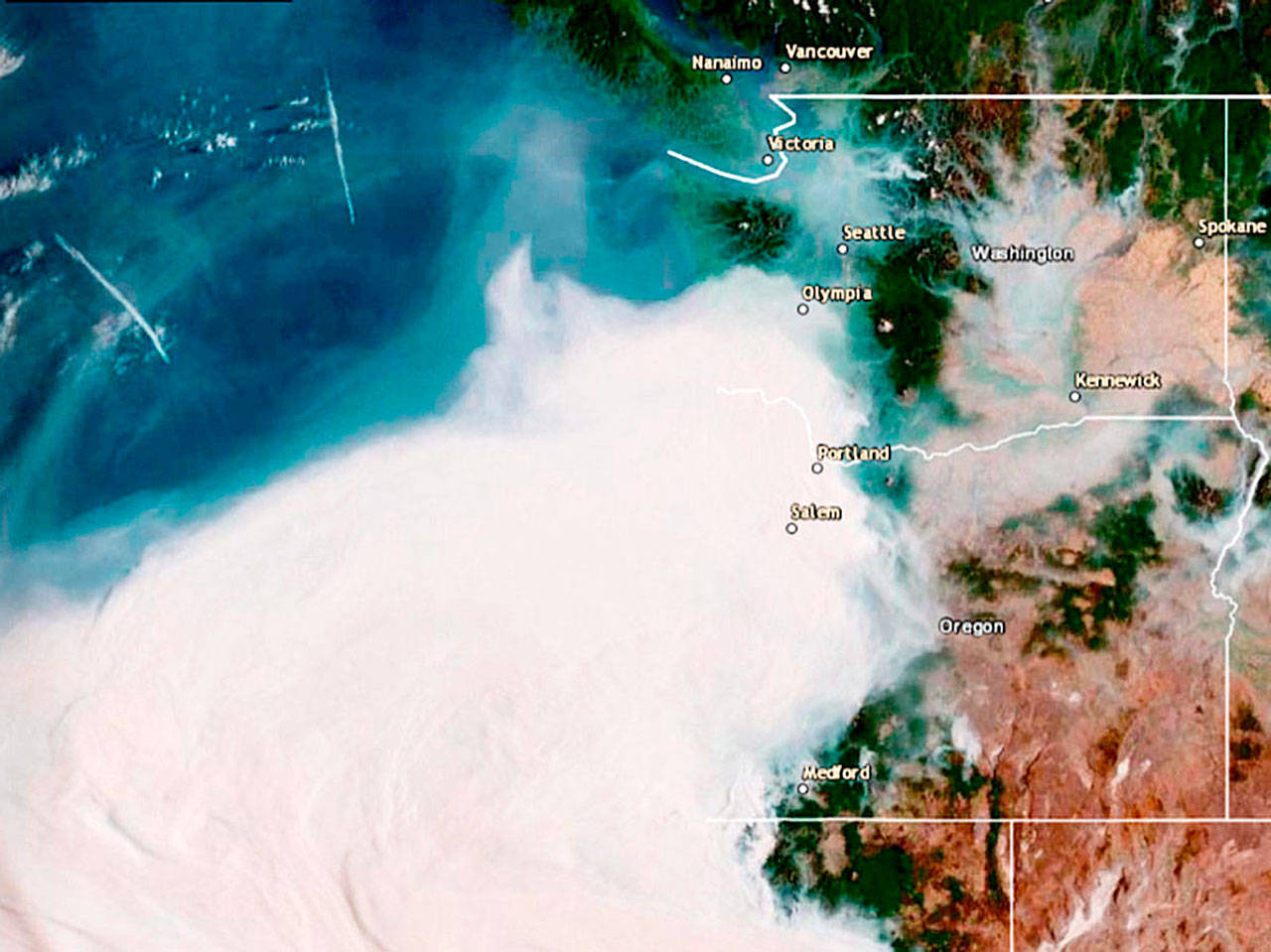 Smoke moving across Western Washington (Courtesy State Dept. of Ecology).