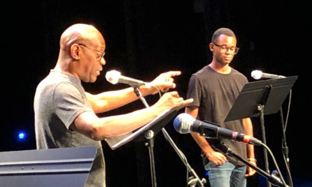 Ronnie Allen and Rowin Breaux work on the play “Boy,” included in Vashon Repertory Theatre’s upcoming program of short radio plays presented under the banner of “Home” (Courtesy Photo).